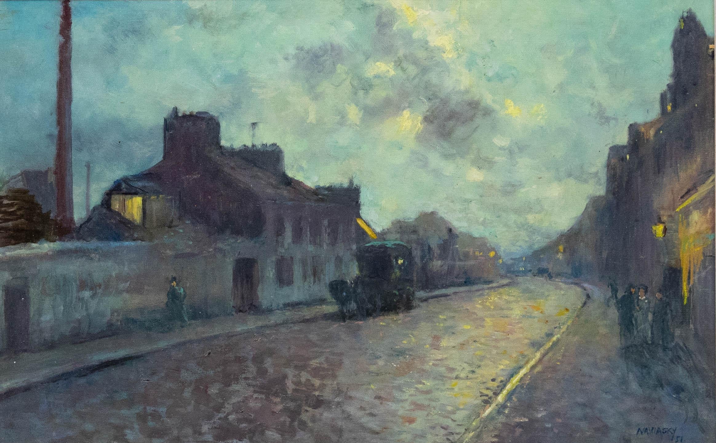 Manner of Philip Naviasky (1894-1983) - 20th Century Oil, Street Scene at Dusk - Painting by Unknown