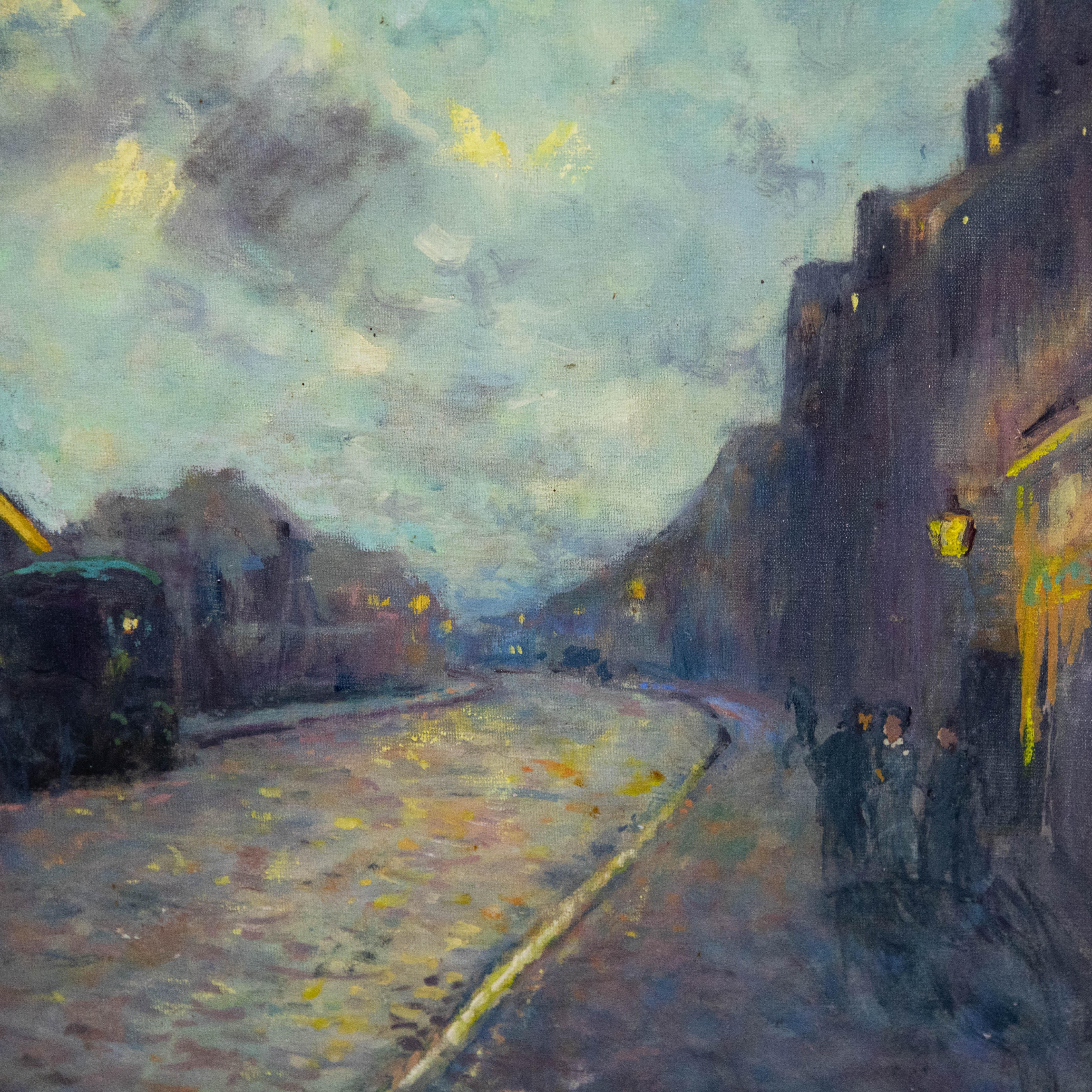 Manner of Philip Naviasky (1894-1983) - 20th Century Oil, Street Scene at Dusk For Sale 1