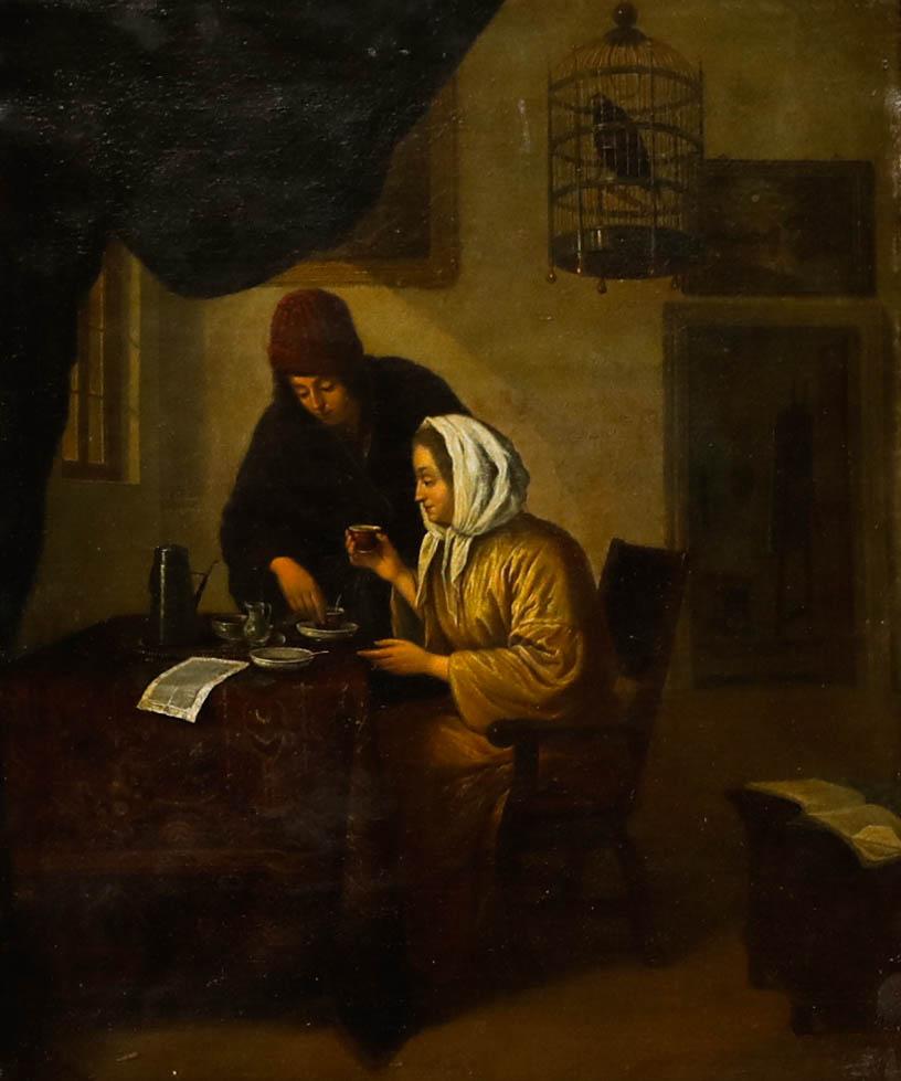 In der Art von Pieter de Hooch (1629-1684) - Ölgemälde, Paar Tee trinkt, 18. Jahrhundert – Painting von Unknown