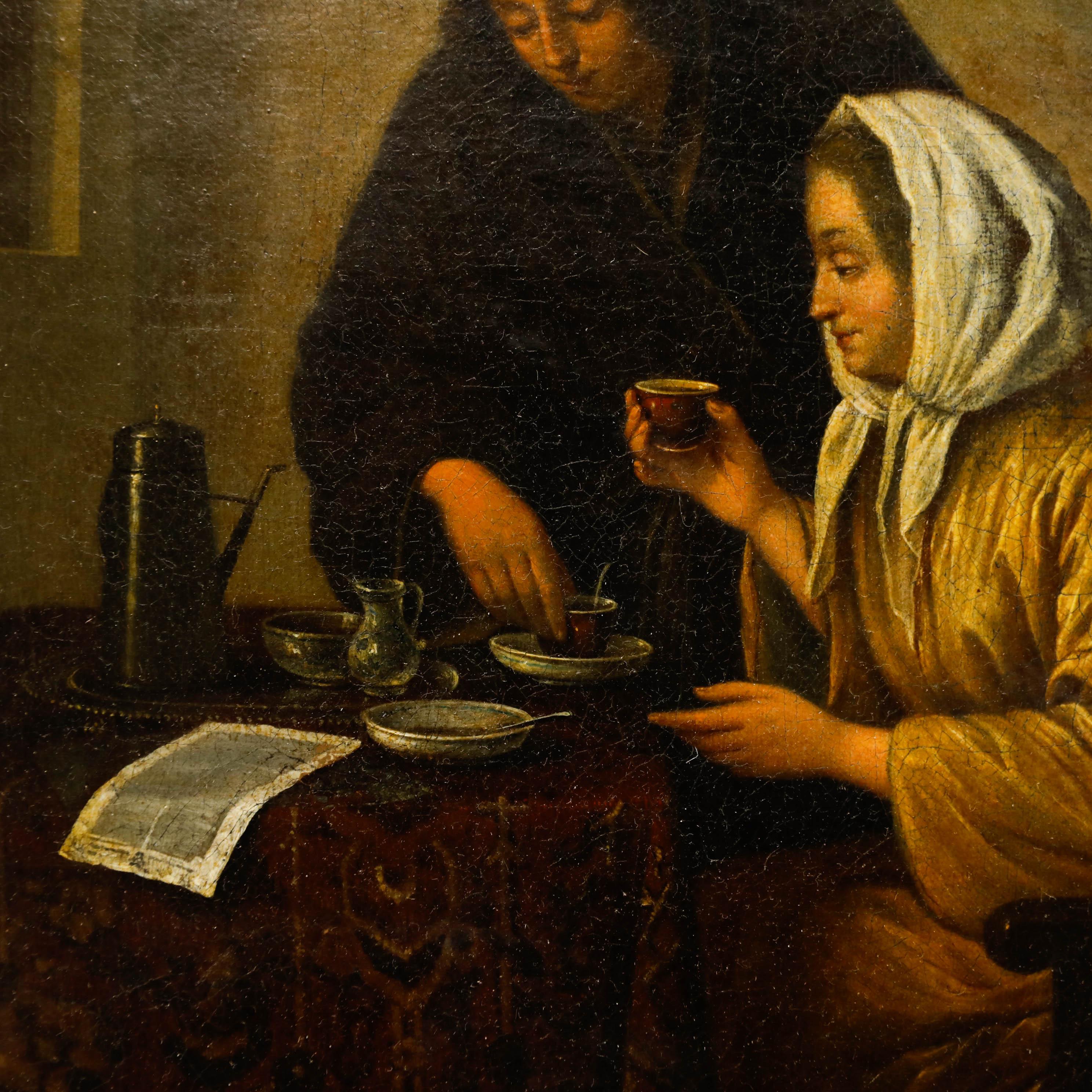 Ein fesselndes niederländisches Genrebild in der Art von Pieter de Hooch (1629-1684). Man sieht ein Paar, das in einem geräumigen Innenraum gemeinsam Tee trinkt, während das Nachmittagslicht durch ein nahe gelegenes Fenster hereinflutet. Beide