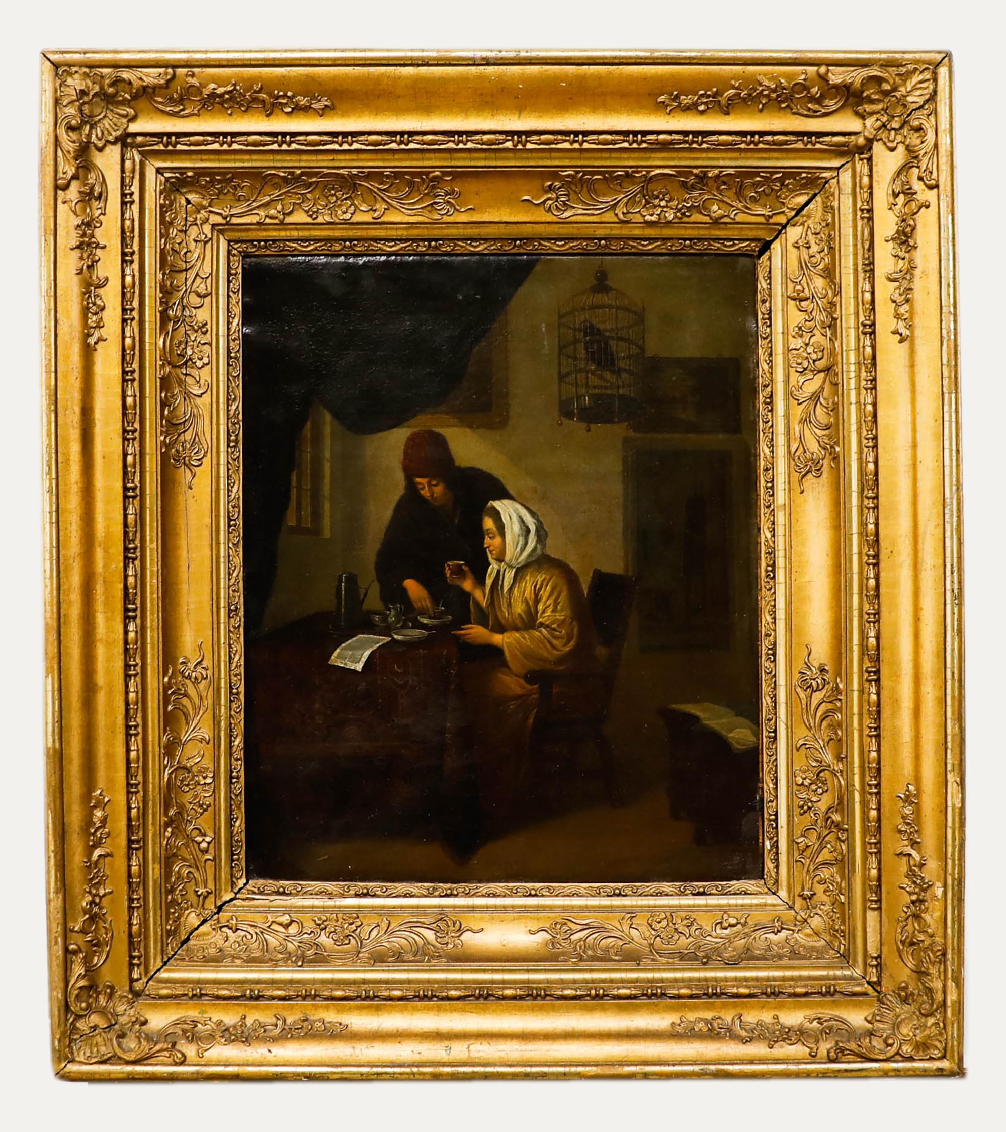 In der Art von Pieter de Hooch (1629-1684) - Ölgemälde, Paar Tee trinkt, 18. Jahrhundert