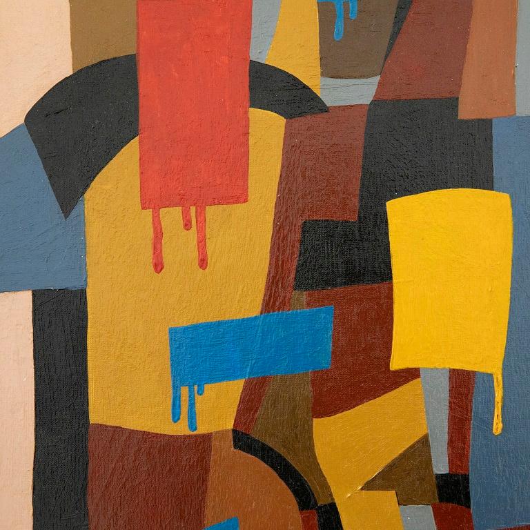 Un olio di scuola americana dai colori vivaci, dipinto alla maniera di Stanley Bate. Questo pezzo moderno raffigura una massa di blocchi geometrici che si fondono e interagiscono tra loro. Ben presentato in una cornice decorativa bianca con dettagli