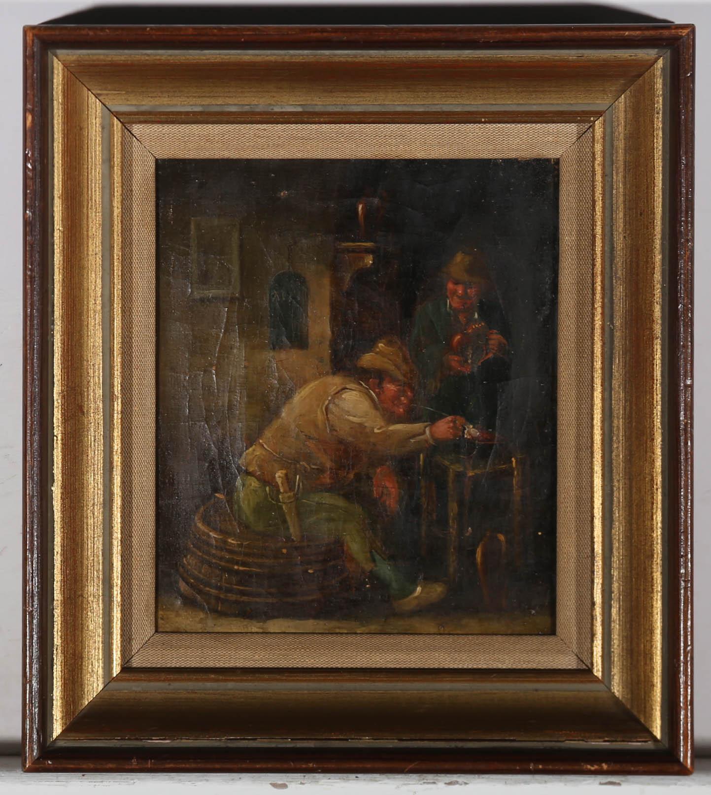 Un'affascinante scena d'interni del XIX secolo alla maniera di David Teniers the Younger. La scena mostra un uomo seduto su un barile rotto con un altro uomo che gli offre da bere da una brocca di terracotta. Il dipinto non è firmato ed è presentato