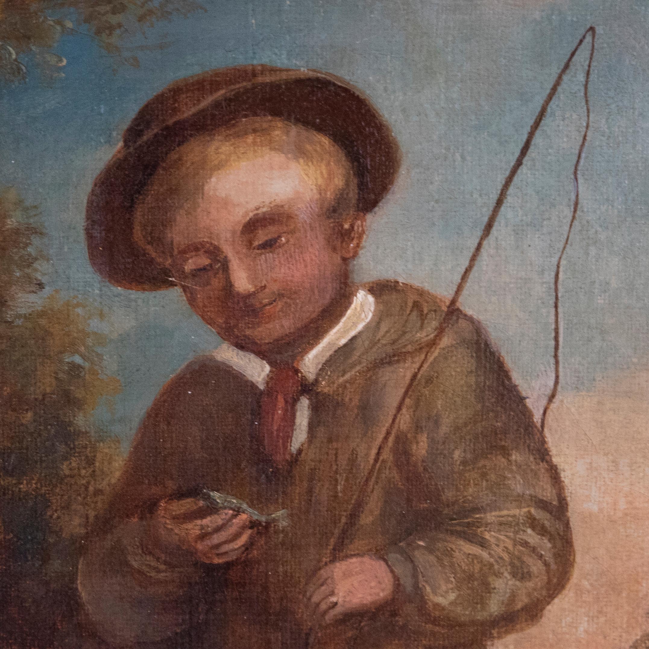 This charming piece depicts a young boy holding a fish that he has caught in the stream. The artist perfectly capture the proud expression on the boy's face as he looks down at his catch. The scene is painted in a naive, folk style capturing the