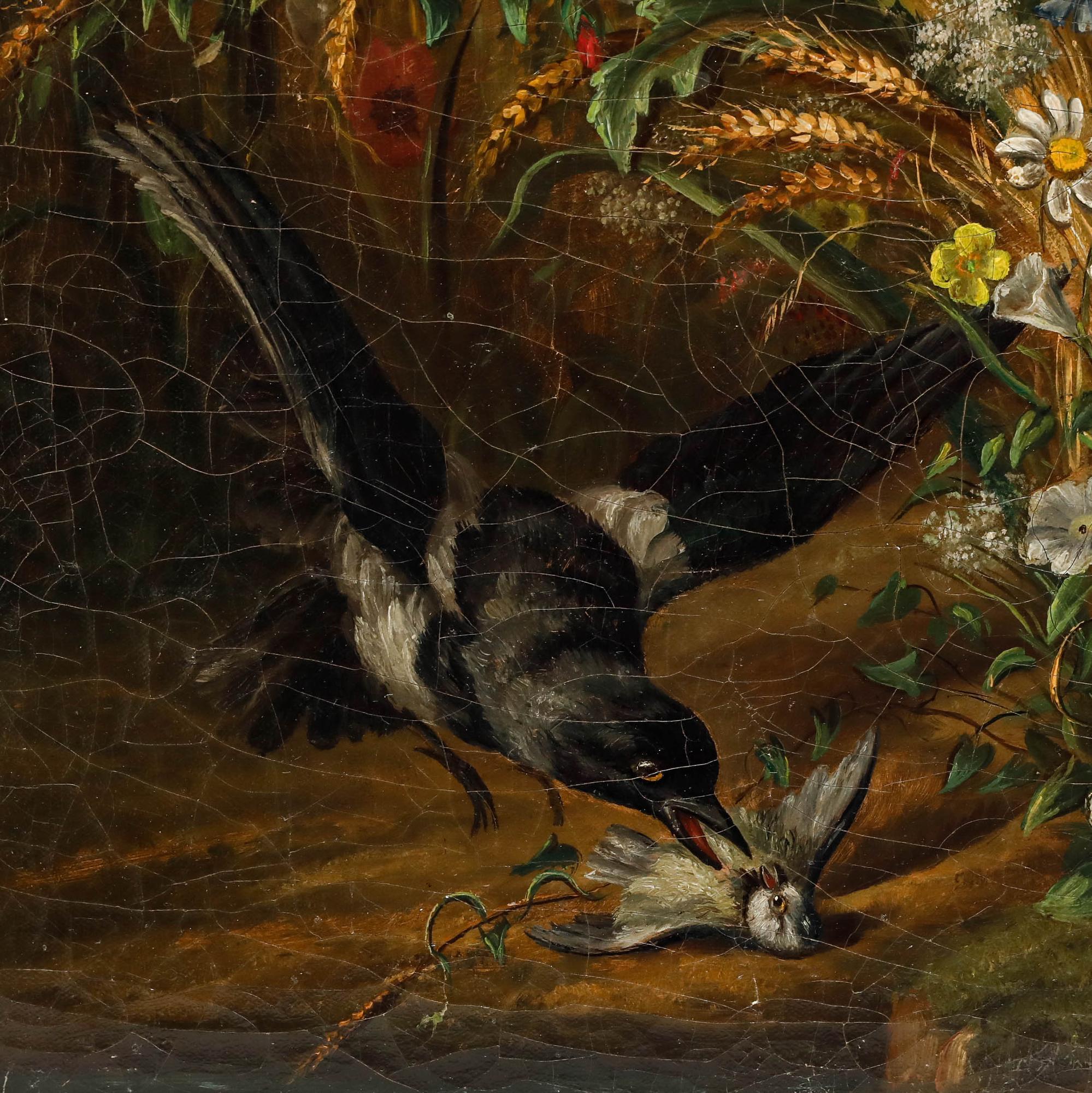 A delightful forest floor still life in the manner of Otto Marseus van Schrieck (1613-1678). To the lower left a magpie can be seen attacking a small bird whilst another looks on in horror. Signed indistinctly to the lower right. For restoration,