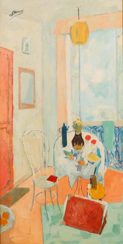 À la manière de William Gillies - Huile encadrée du 20e siècle, Breakfast by the Balconette
