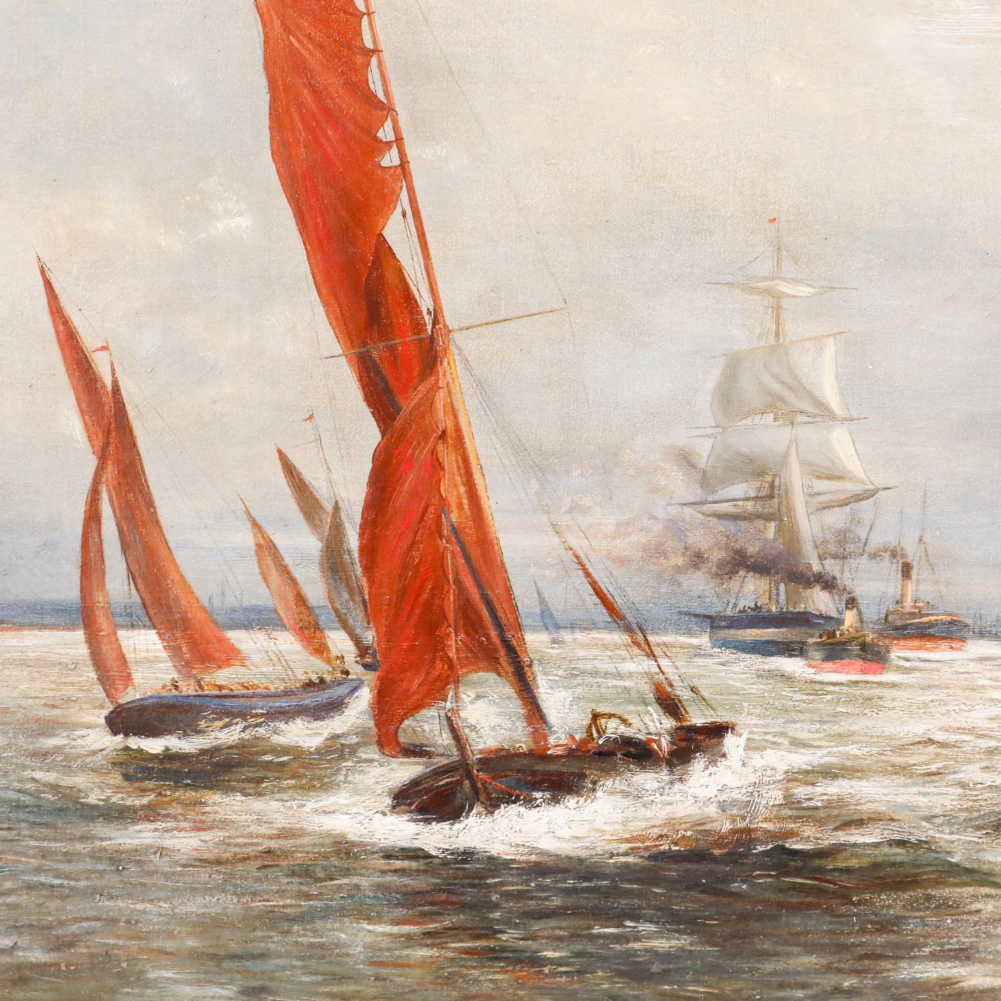 This maritime painting depicts several sailing vessels navigating choppy waters under a dramatic, cloud-filled sky, with a prominent boat featuring distinctive red sails positioned in the foreground. The composition skilfully balances the dynamic