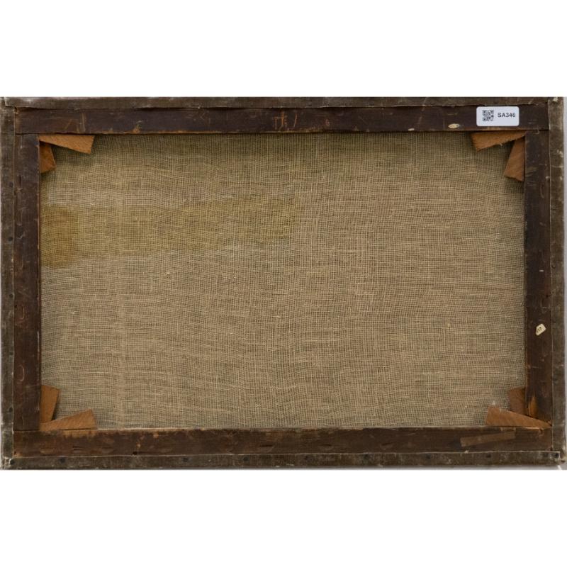 Un delizioso studio ad olio alla maniera di William R. Stone (1842-1913). La scena raffigura una figura su un sentiero di campagna che passa davanti a un cottage con il tetto di paglia. Il sentiero si snoda attraverso un prato che conduce a una