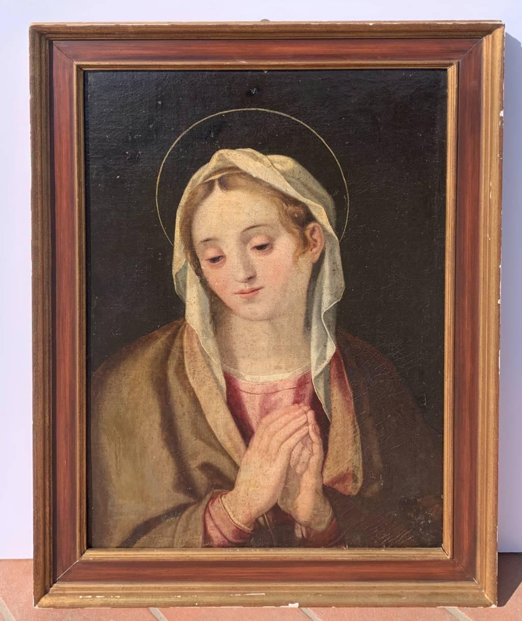 Pittore manierista italiano - Dipinto di figura del XVI-XVII secolo - Madonna in preghiera - Portrait Painting Marrone di Unknown