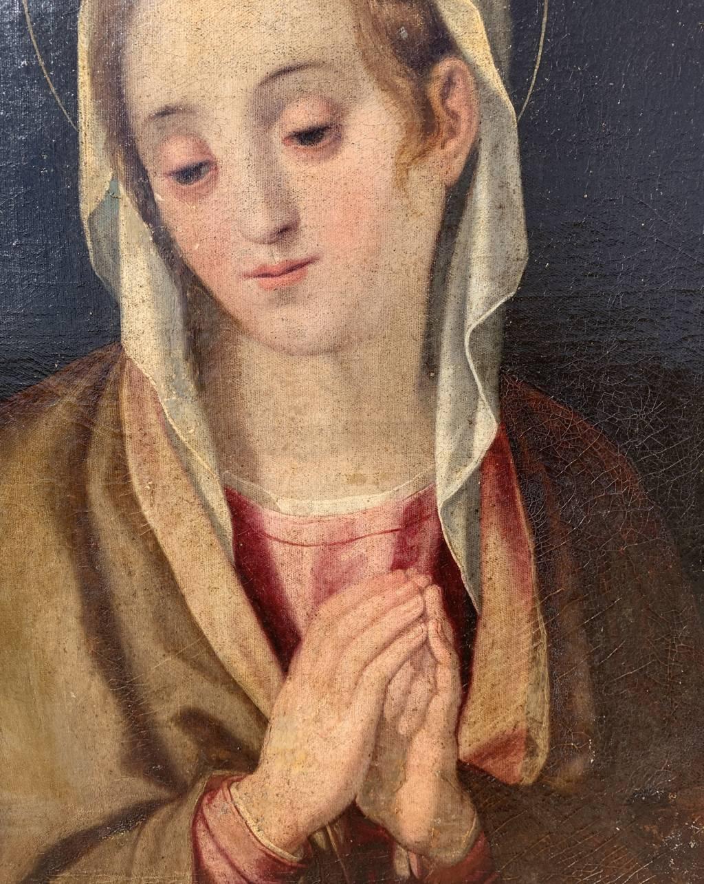 Pittore manierista italiano - Dipinto di figura del XVI-XVII secolo - Madonna in preghiera in vendita 1