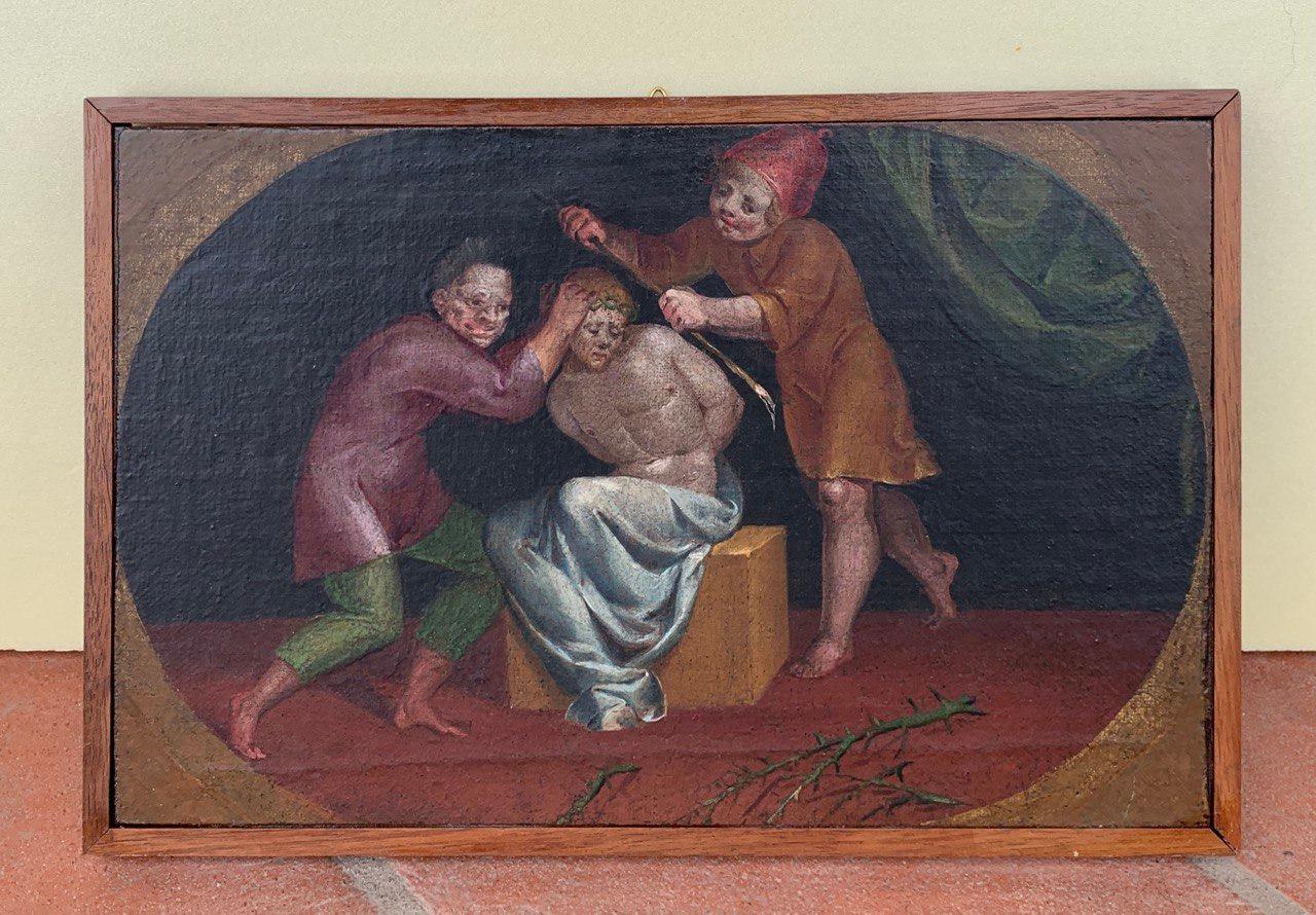 Mannerist Italian painter - 16th century figure painting - Christ mocked - Old Masters Painting by Unknown