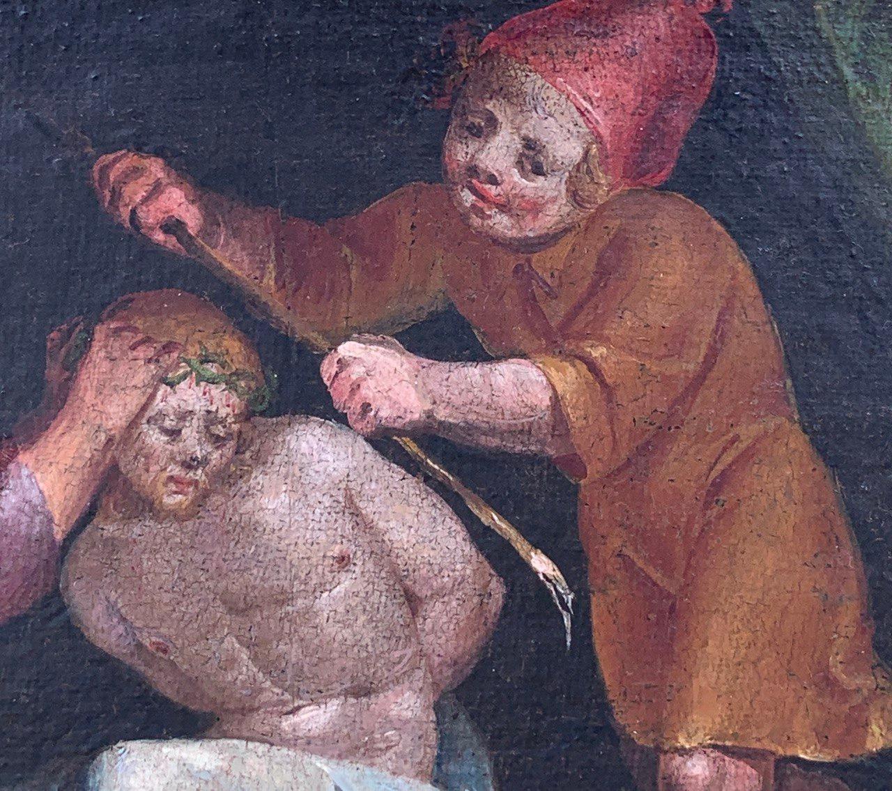 Mannerist Italian painter - 16th century figure painting - Christ mocked - Black Figurative Painting by Unknown
