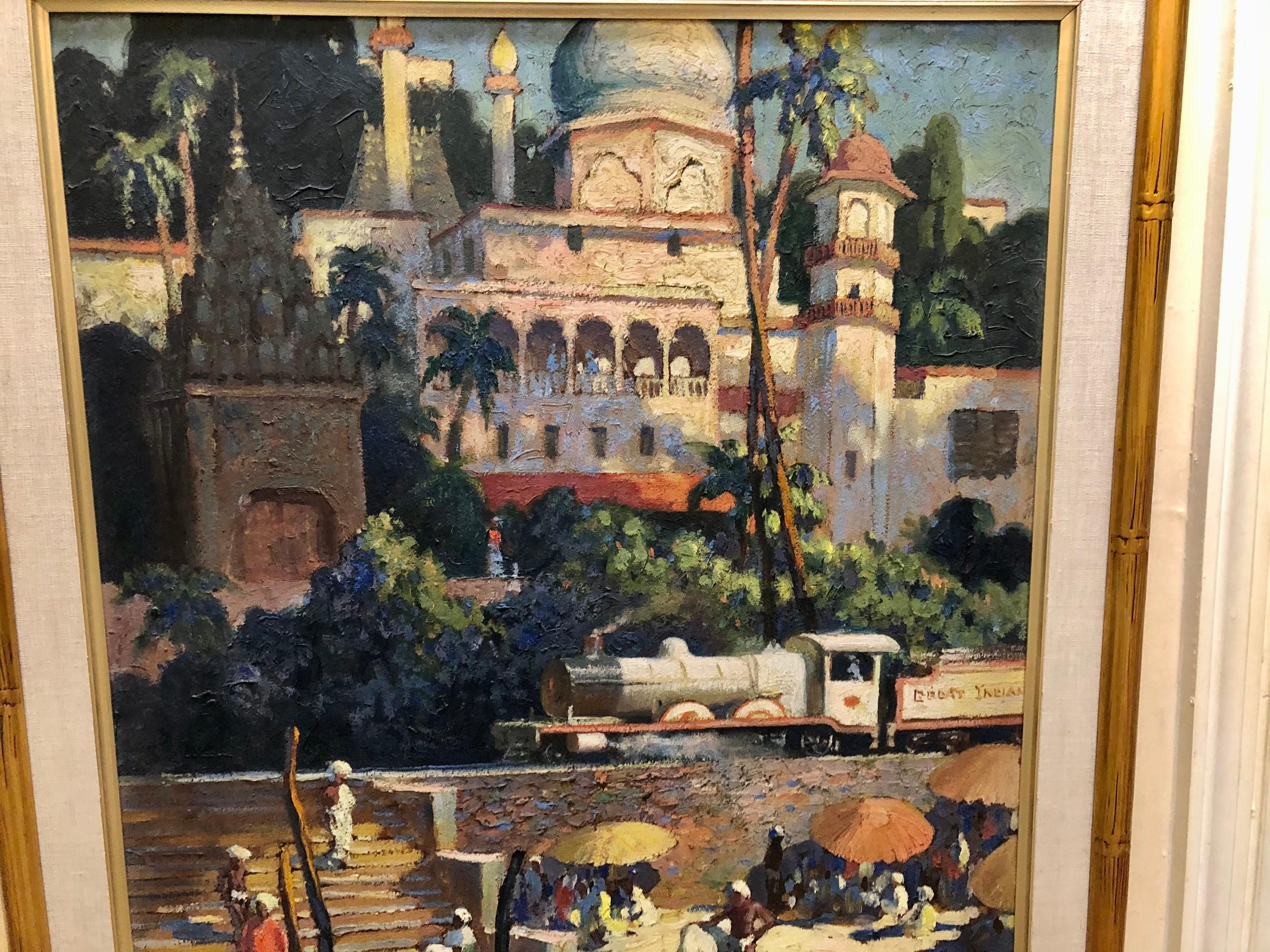 Manning de Villenueve Lee:1894-1980. Well listed American painter and illustrator with Auction records up to $22,500. This spectacular painting is one of our favorites. Probably painted in the 1930s or 40s the colors and details of an Indian scene