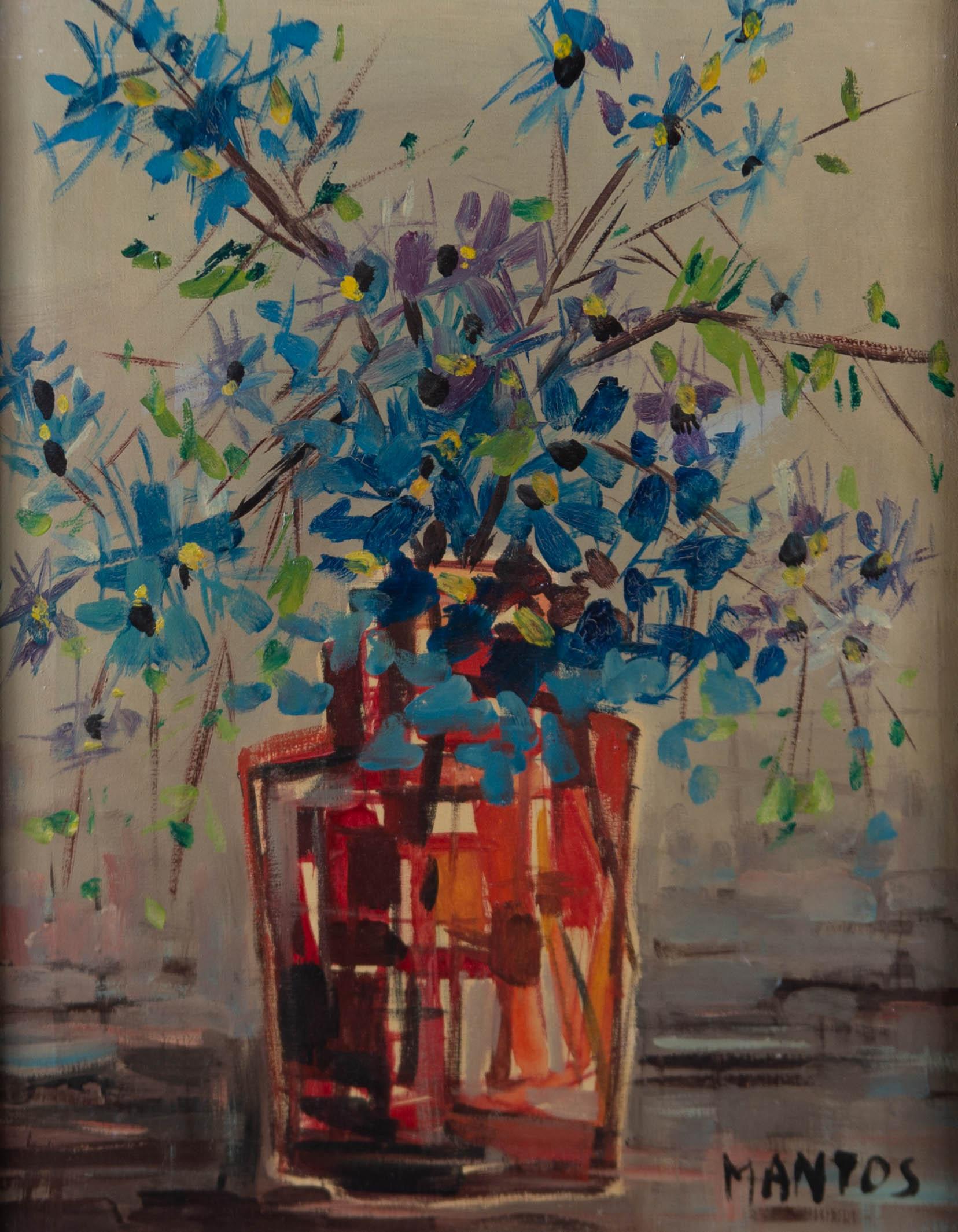 Mantos - Signed & Framed Mid 20th Century Oil, Red Vase Blue Flowers - Painting by Unknown