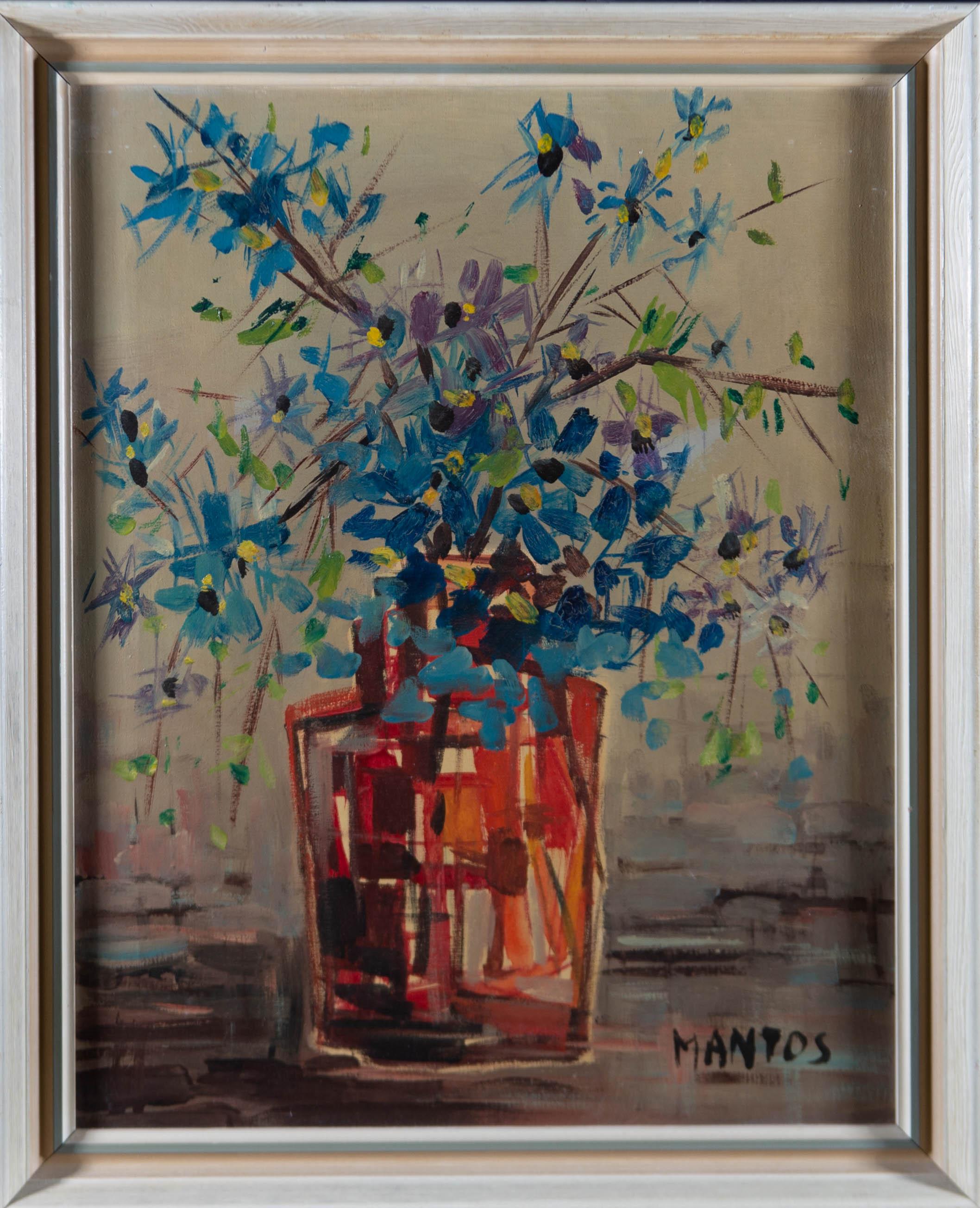 Unknown Still-Life Painting - Mantos - Signed & Framed Mid 20th Century Oil, Red Vase Blue Flowers