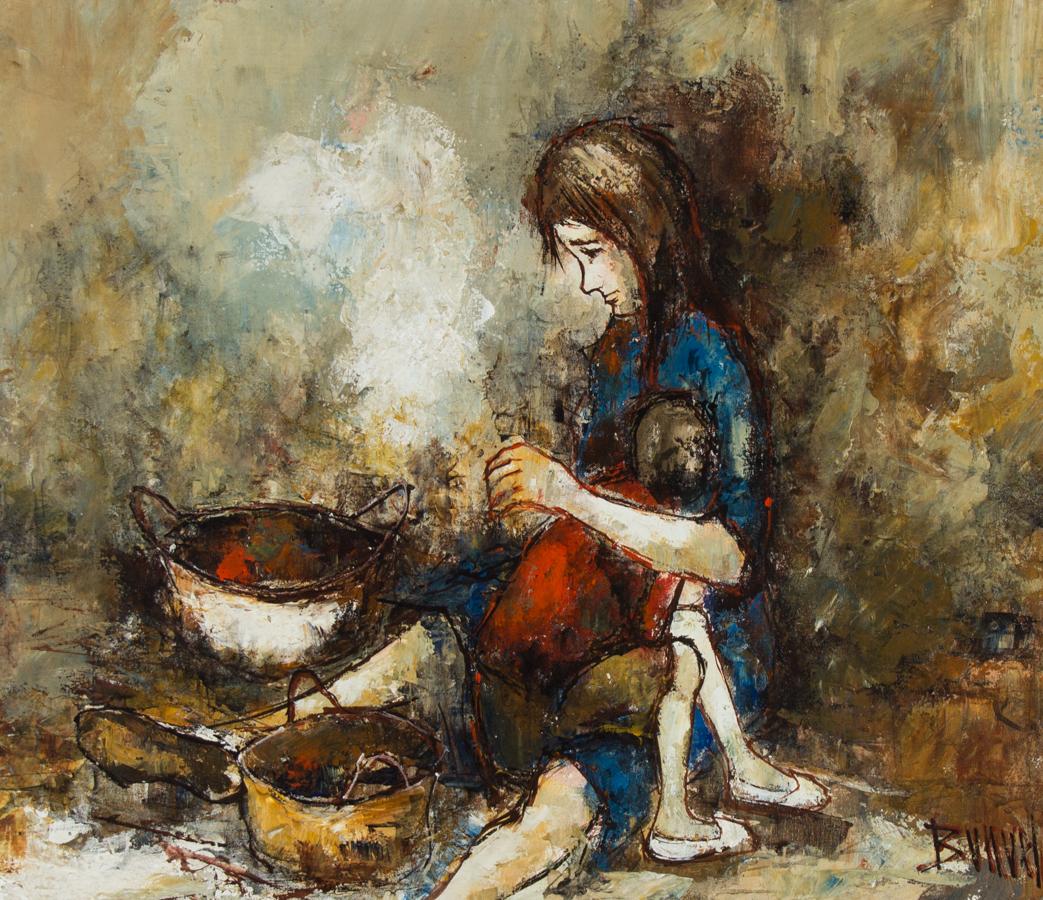 Manuel Monton Bunuel (b.1940) - Signed & Framed Oil, Young Woman Cooking - Painting by Unknown