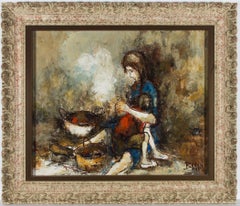 Manuel Monton Bunuel (b.1940) - Signed & Framed Oil, Young Woman Cooking
