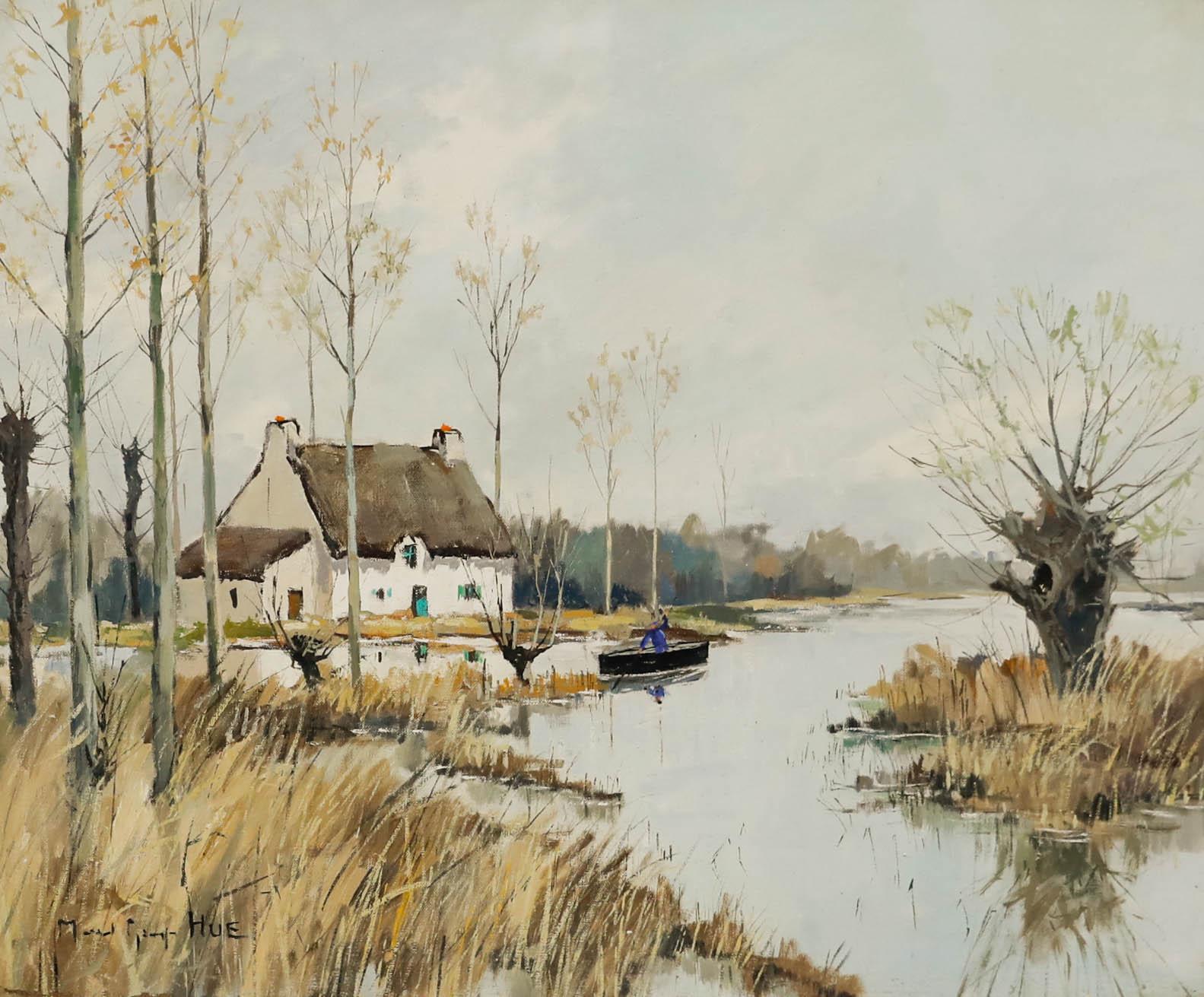 Marcel-Georges Hue - Olio di scuola francese della metà del XX secolo, Casetta sul fiume - Painting di Unknown