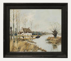 Marcel-Georges Hue – Französische Schule, Mitte des 20. Jahrhunderts, Öl, Haus am Fluss, Ölgemälde