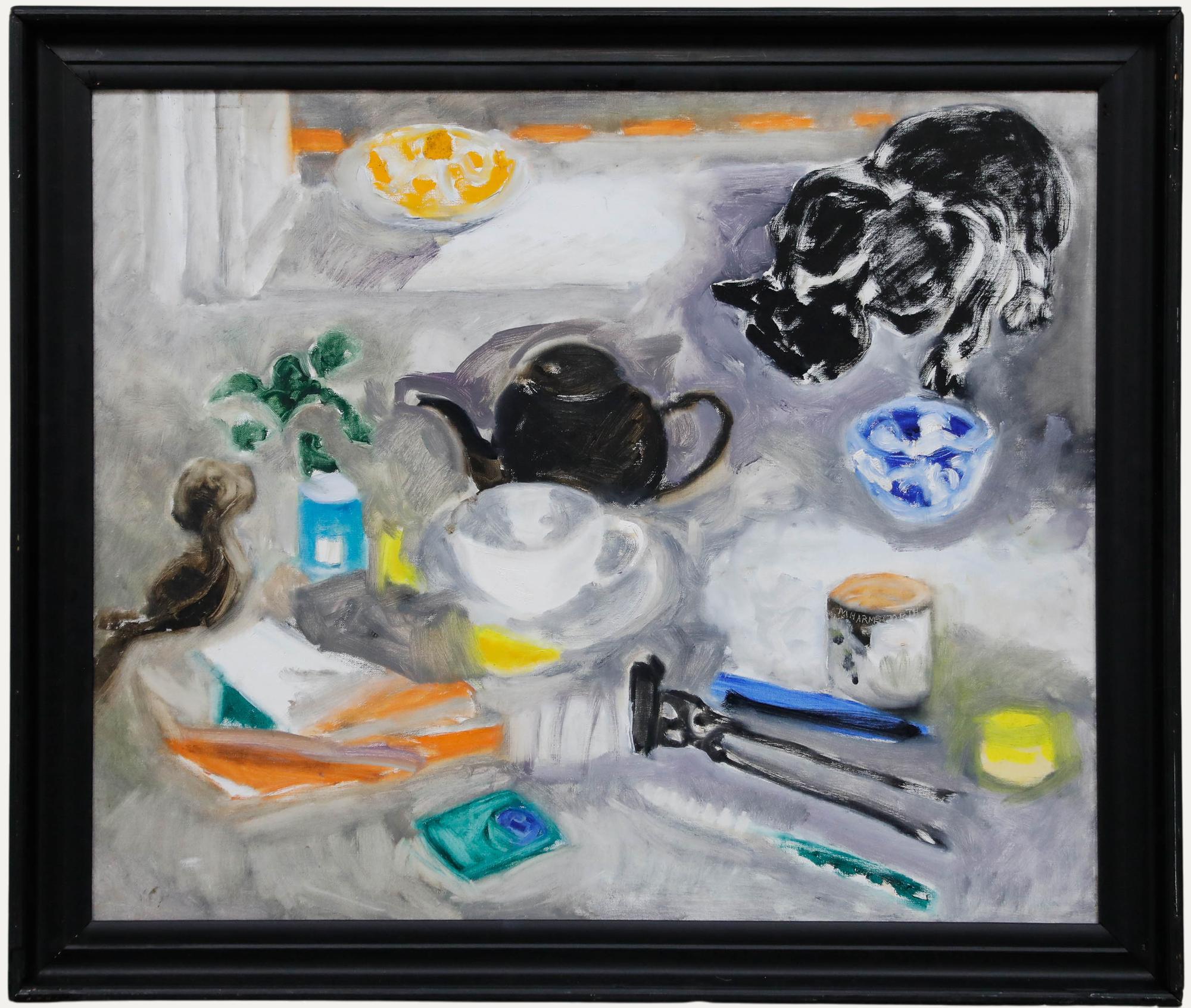 Unknown Still-Life Painting - Margaret Harmsworth (1928-2007) - 2003 Oil, Still Life with Cat