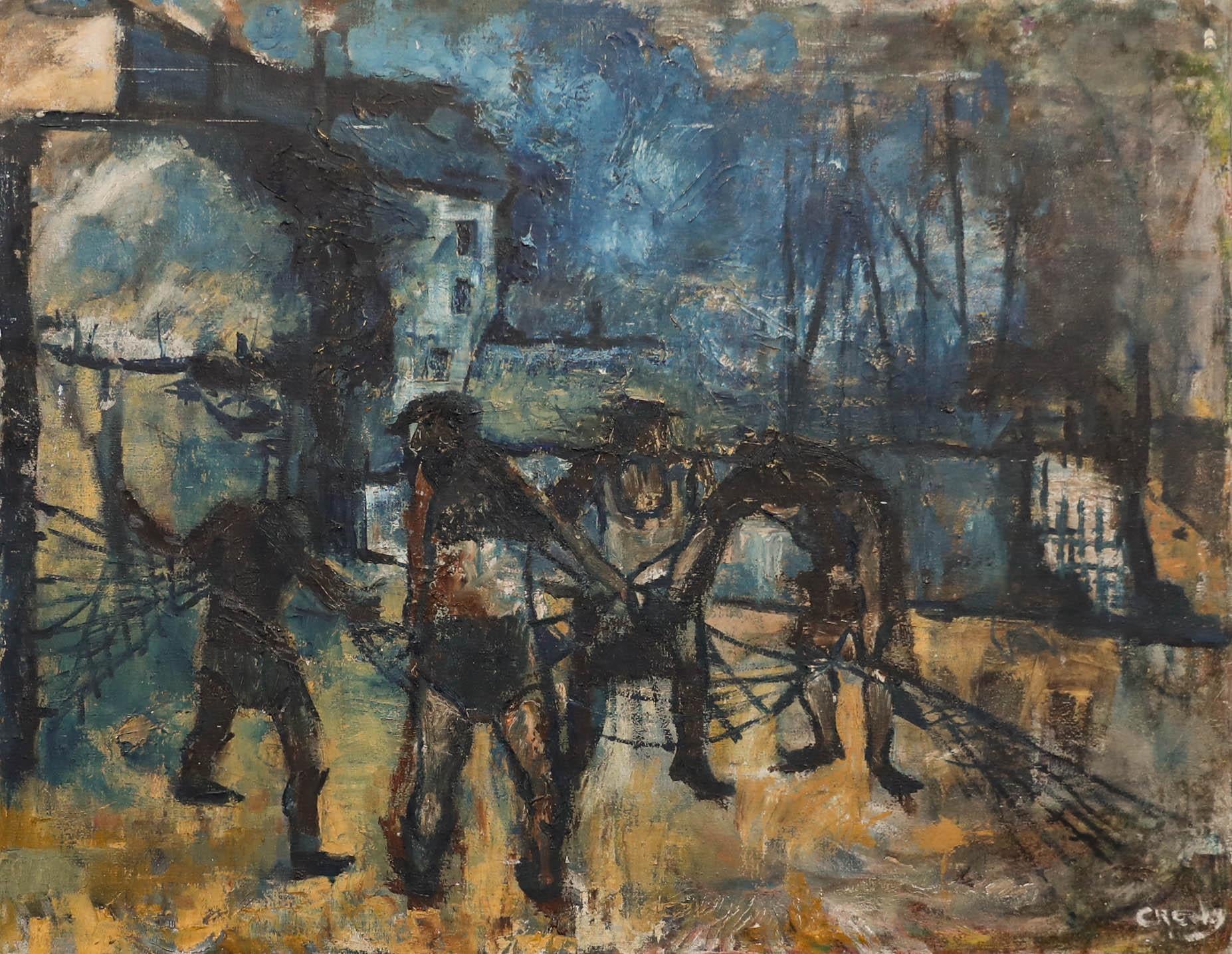 Margaret (Johnny) Crosby - Huile du milieu du 20e siècle, filets d'esquive, chantiers navals de Liverpool - Painting de Unknown