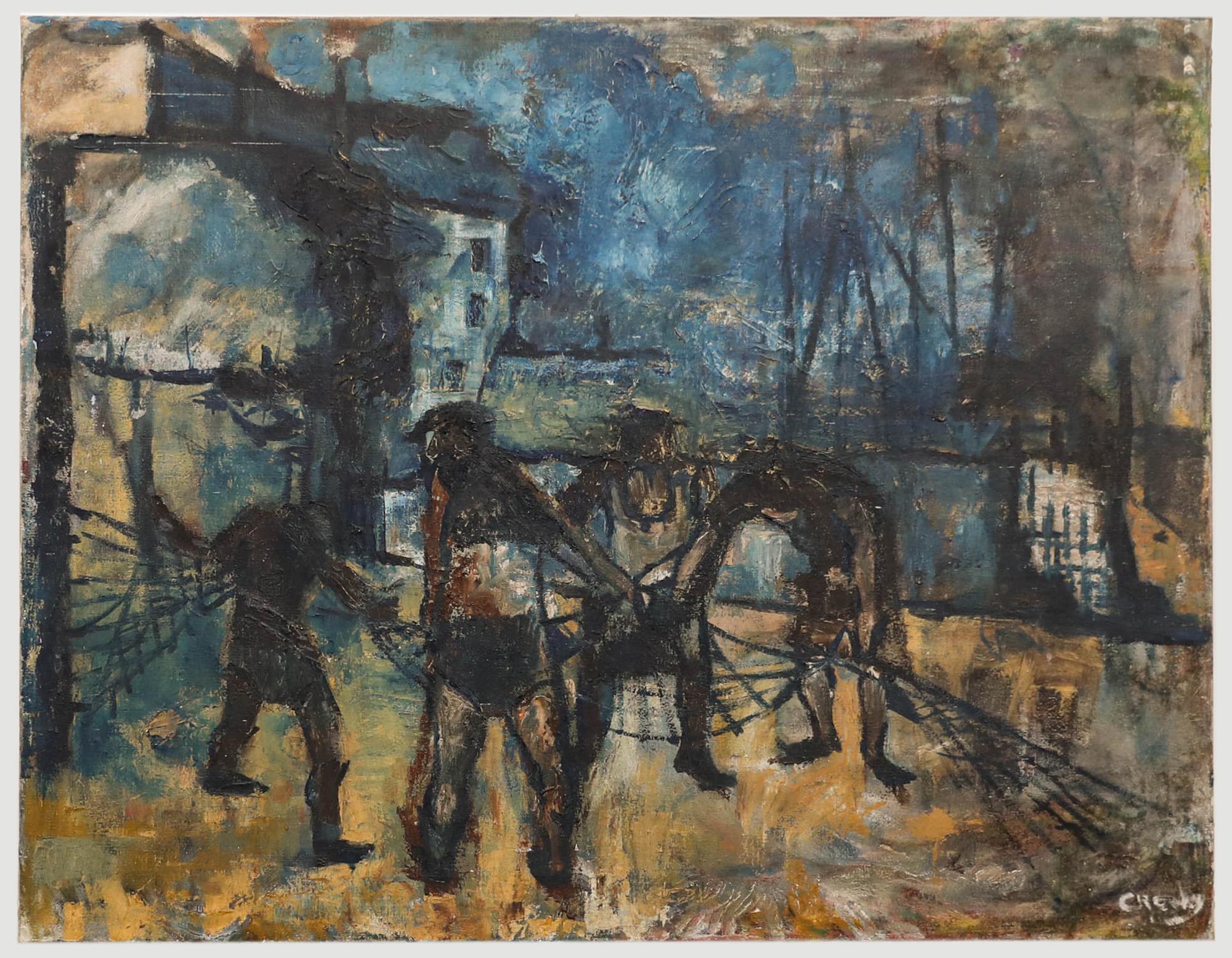 Figurative Painting Unknown - Margaret (Johnny) Crosby - Huile du milieu du 20e siècle, filets d'esquive, chantiers navals de Liverpool