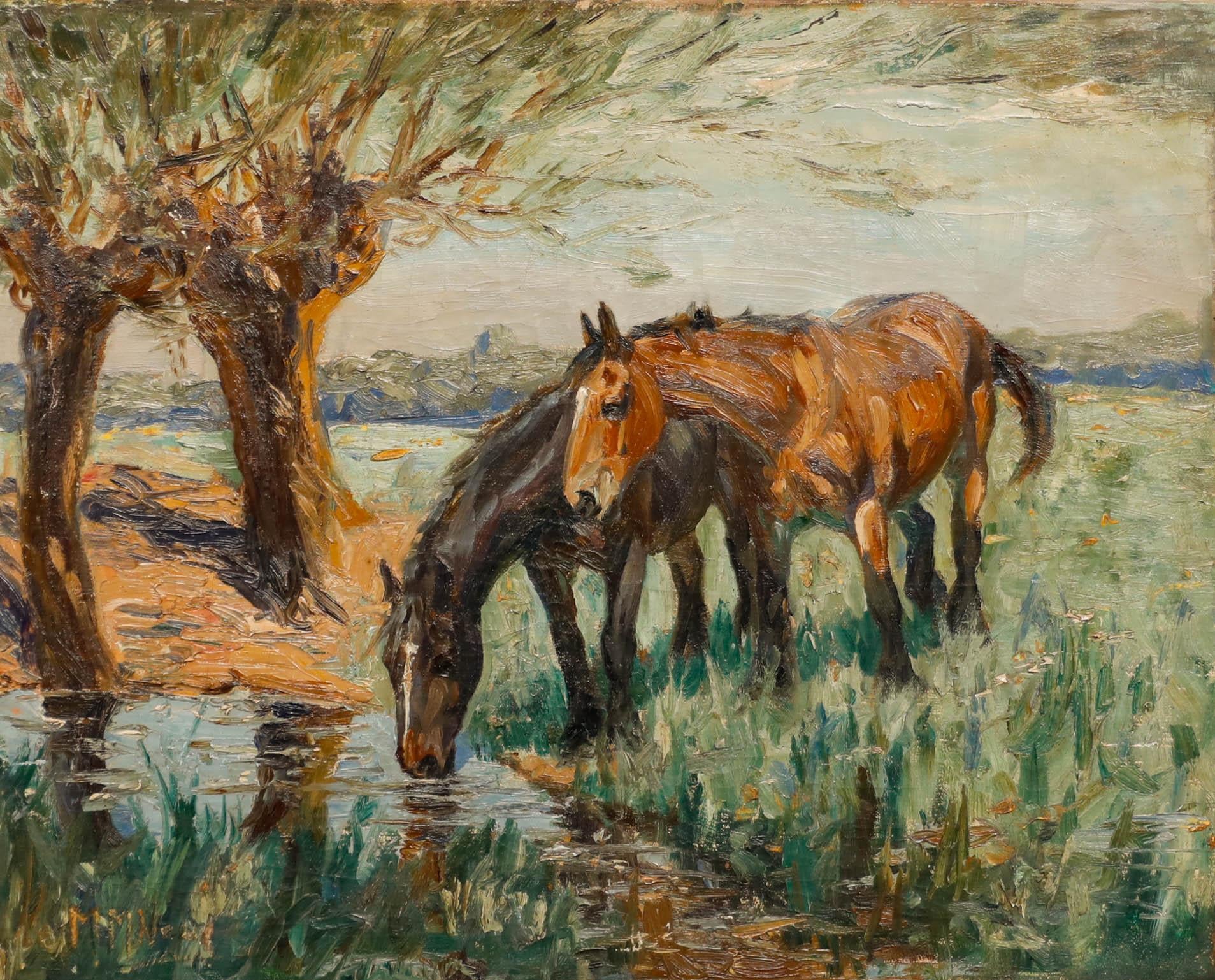 Margaret Neame - Olio del primo Novecento, Cavalli che si abbeverano - Painting di Unknown