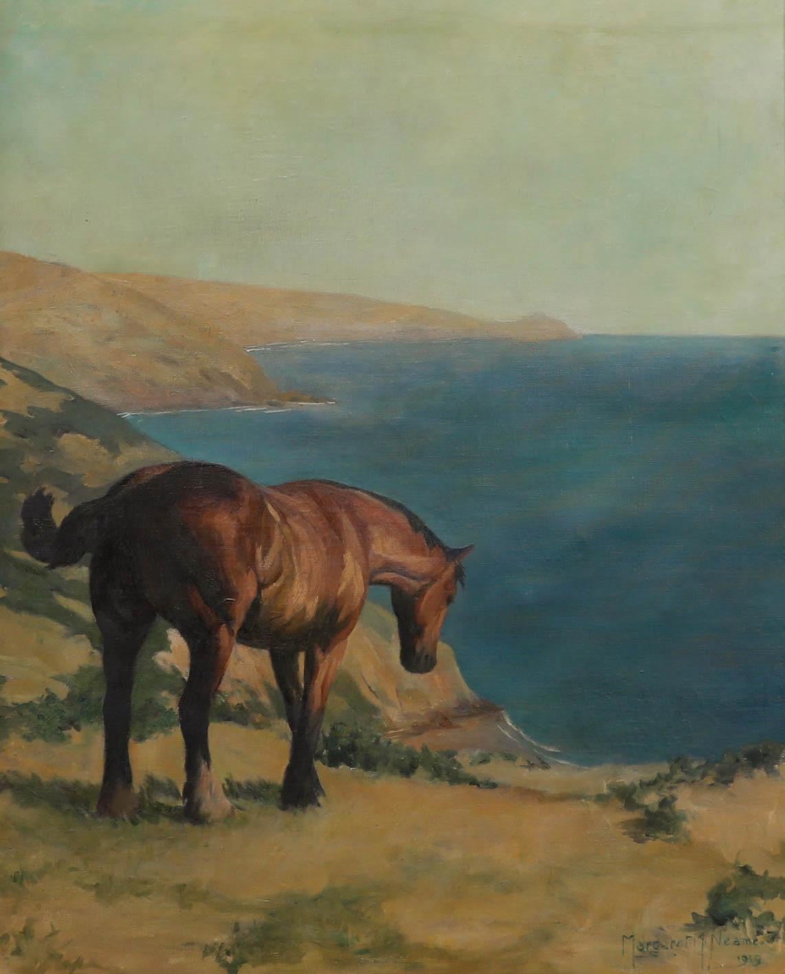 Margaret Neame - Olio dei primi del Novecento incorniciato, pannocchia marrone sulla cima di una scogliera costiera - Painting di Unknown