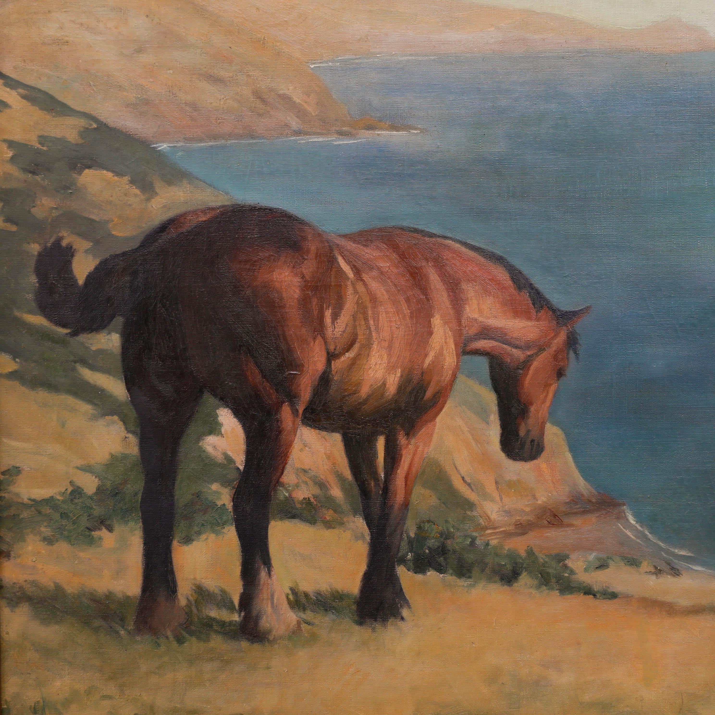Margaret Neame - Olio dei primi del Novecento incorniciato, pannocchia marrone sulla cima di una scogliera costiera - Figurative Painting Marrone di Unknown