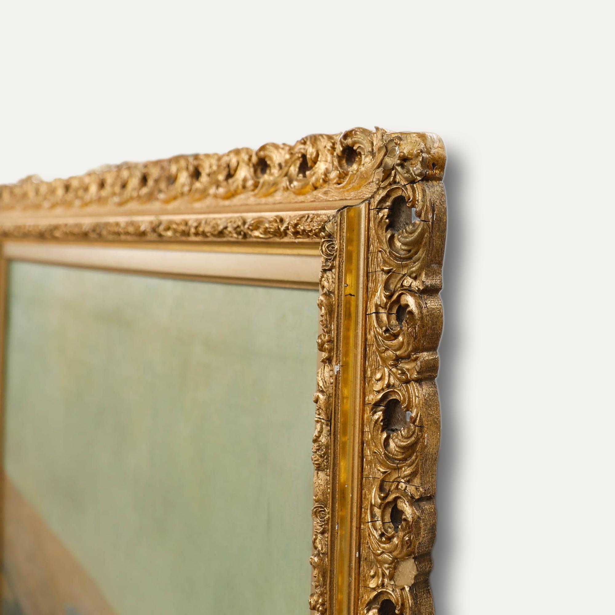 Splendido dipinto a olio dei primi del Novecento di Margaret Neame. Pannocchia marrone sulla cima di una scogliera costiera. Presentato in una grande cornice dorata e in una sottoveste con modanature floreali alla finestra interna e un motivo