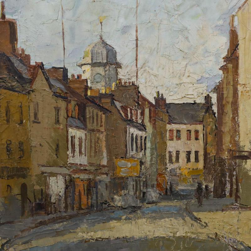 Eine charmante Darstellung der Straßen von Kelso in Schottland mit der Uhr des Rathauses in der Ferne. Signiert unten rechts. Präsentiert in einem vergoldeten Rahmen mit einer Baumwollunterlage. Auf Leinwand. Bildgröße: 34 x 24,5 cm.