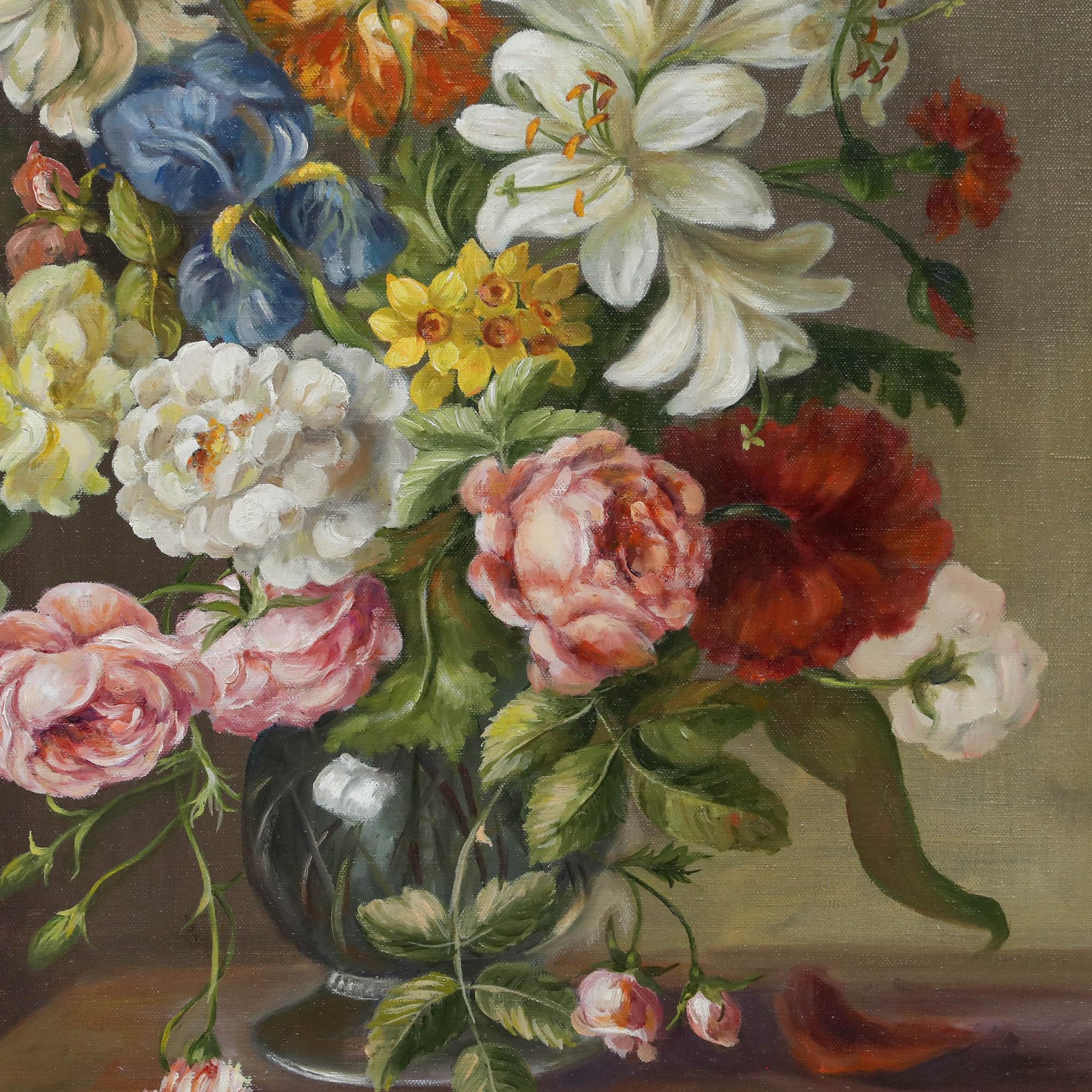 Une étude à l'huile vibrante représentant des roses et des lys dans un vase en verre. L'artiste utilise des formes dynamiques pour créer un mouvement au sein de la composition, capturant les fleurs s'étirant dans des angles courbes et irréguliers.
