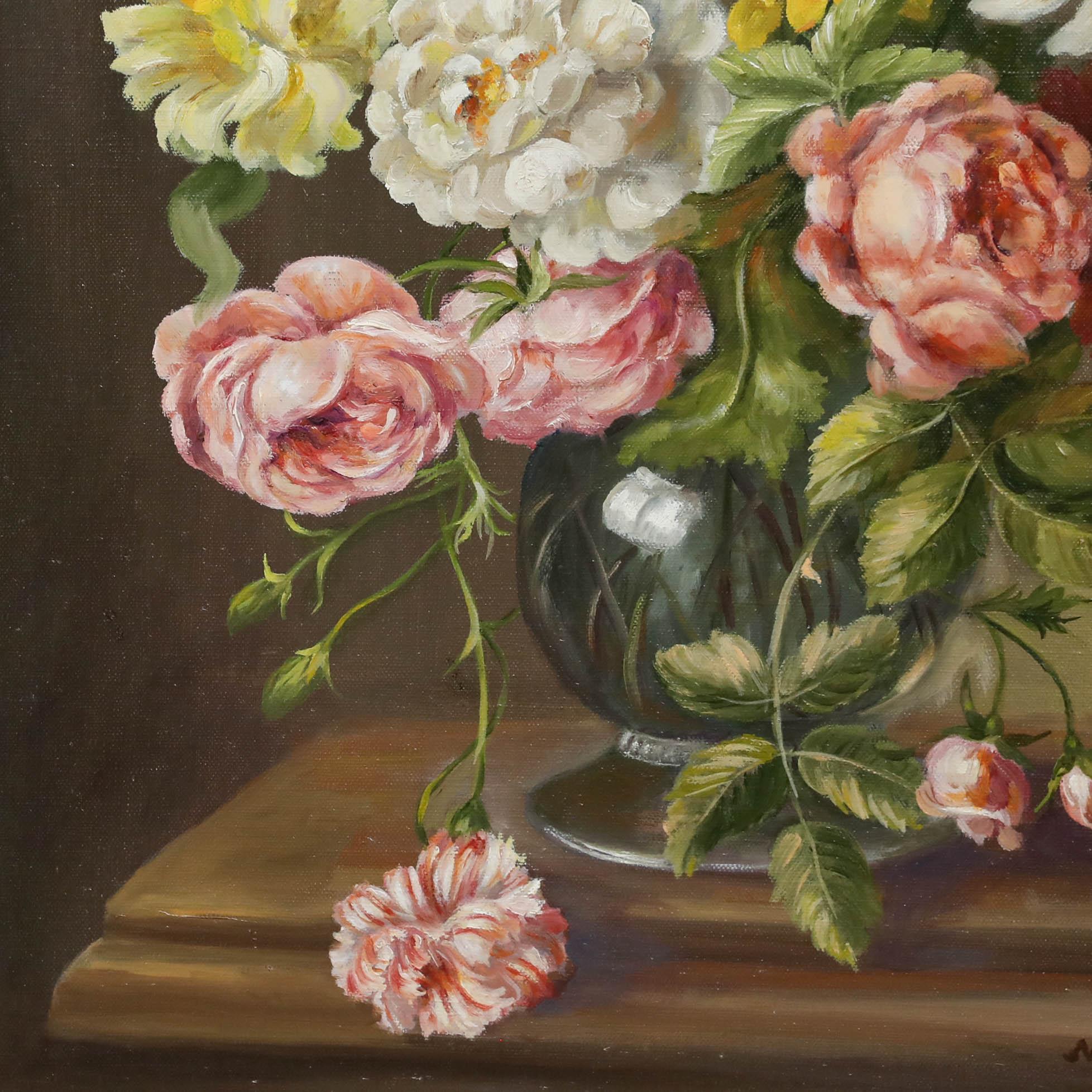 Margareth Jungwirth (1901-1974) - Huile, Nature morte aux roses et aux lys en vente 1