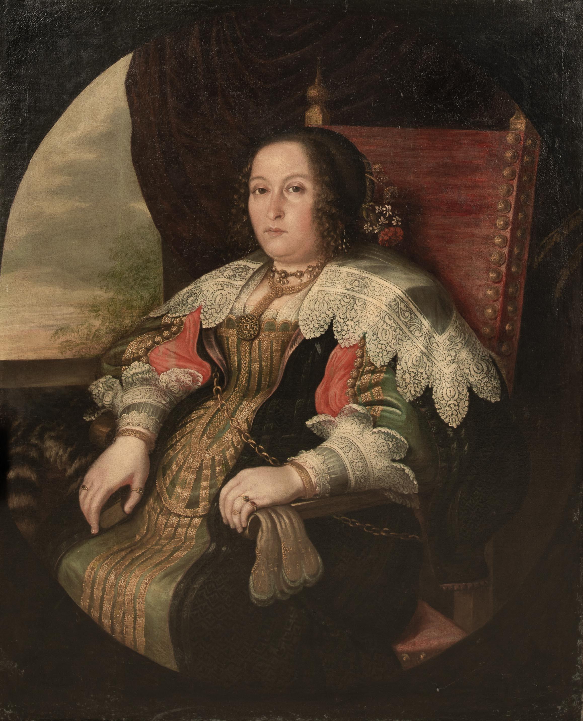 Scuola italiana di Milano

Grande ritratto di Margherita de Medici duchessa di Parma e Piacenza del XVII secolo, olio su tela. Ritratto a tre quarti di lunghezza della duchessa del 1650 circa, in ottime condizioni e di qualità, con un paesaggio al