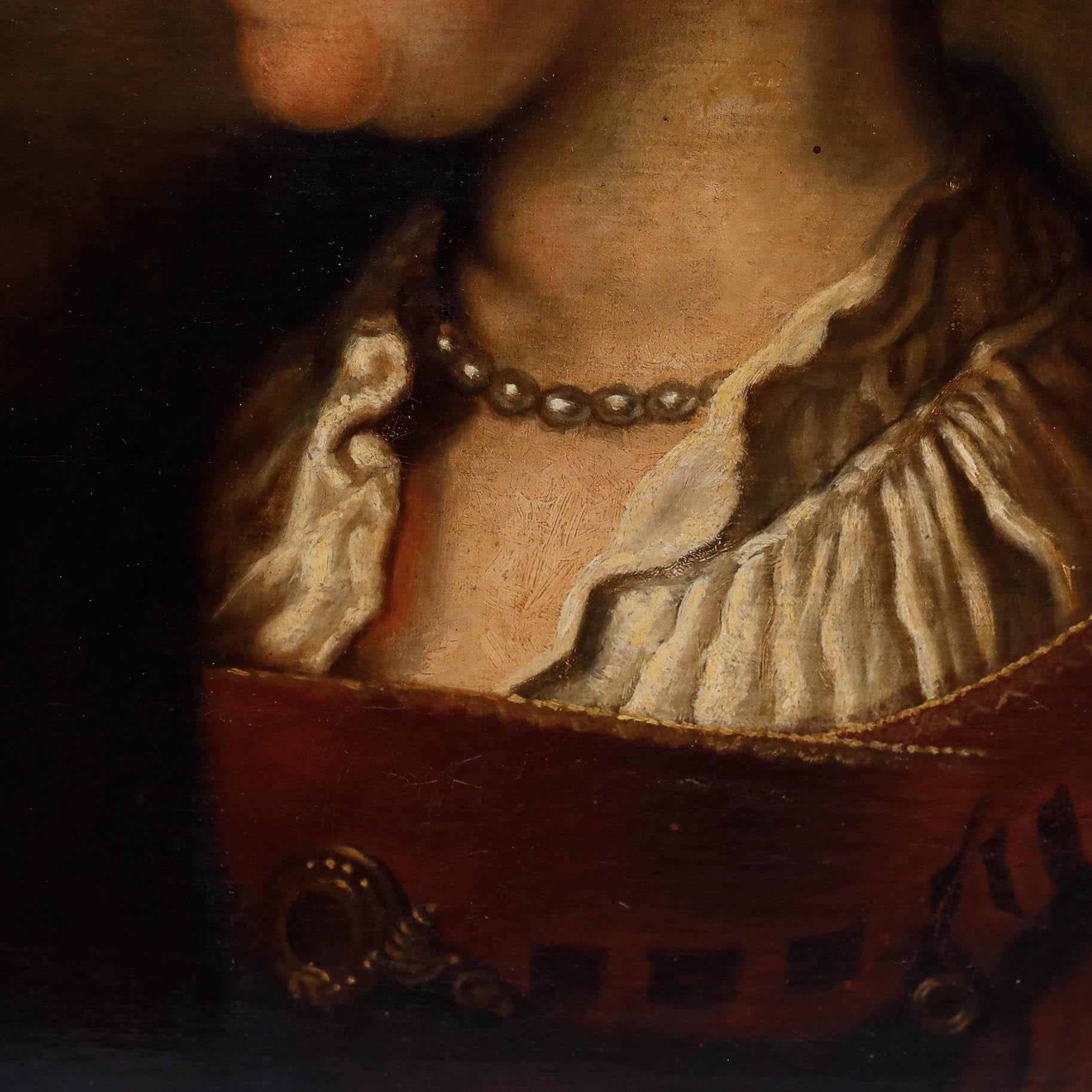 Ein schönes Porträt aus dem 19. Jahrhundert nach Rembrandt, das Saskia van Uylenburgh, die Frau und Muse des Künstlers, darstellt. Mit fachkundiger Pinselführung und einer bemerkenswert zarten Hand ausgeführt, fängt diese außergewöhnliche Kopie die