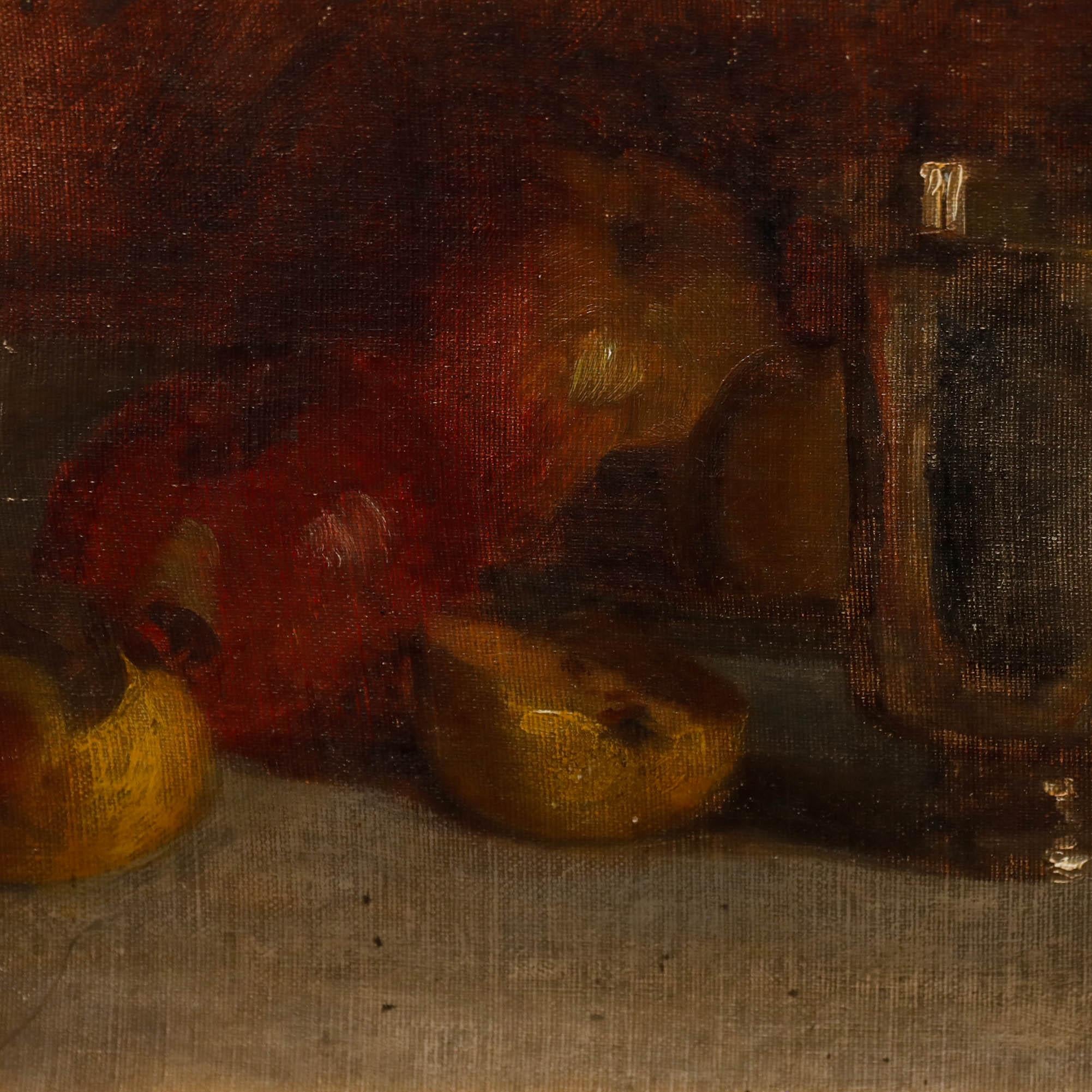 Ein charmantes Stilleben, das geschnittene Äpfel und eine Vase zeigt. Signiert oben links. Auf Leinwandkarton.