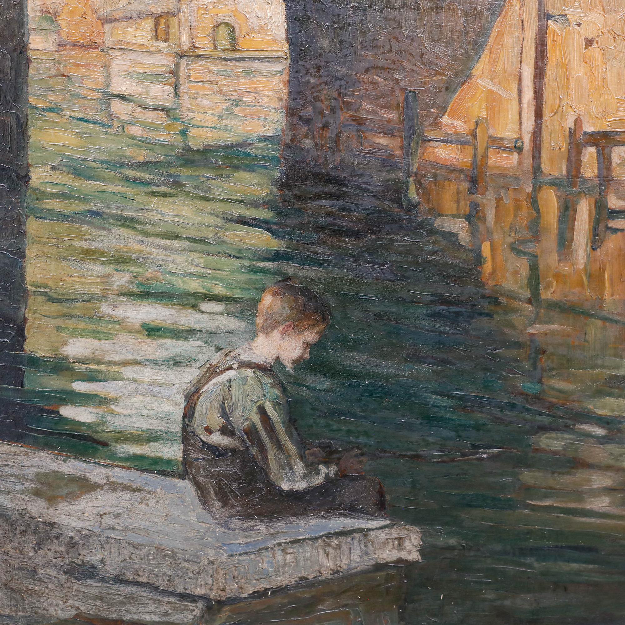 Ein kleiner Junge wirft seine Angelschnur in einem Fluss unter den Bögen einer großen Steinbrücke aus. Der Künstler verwendet einen impressionistischen Stil, um die Bewegung und die Reflexionen des Wassers einzufangen. Mit dem Namen des Künstlers