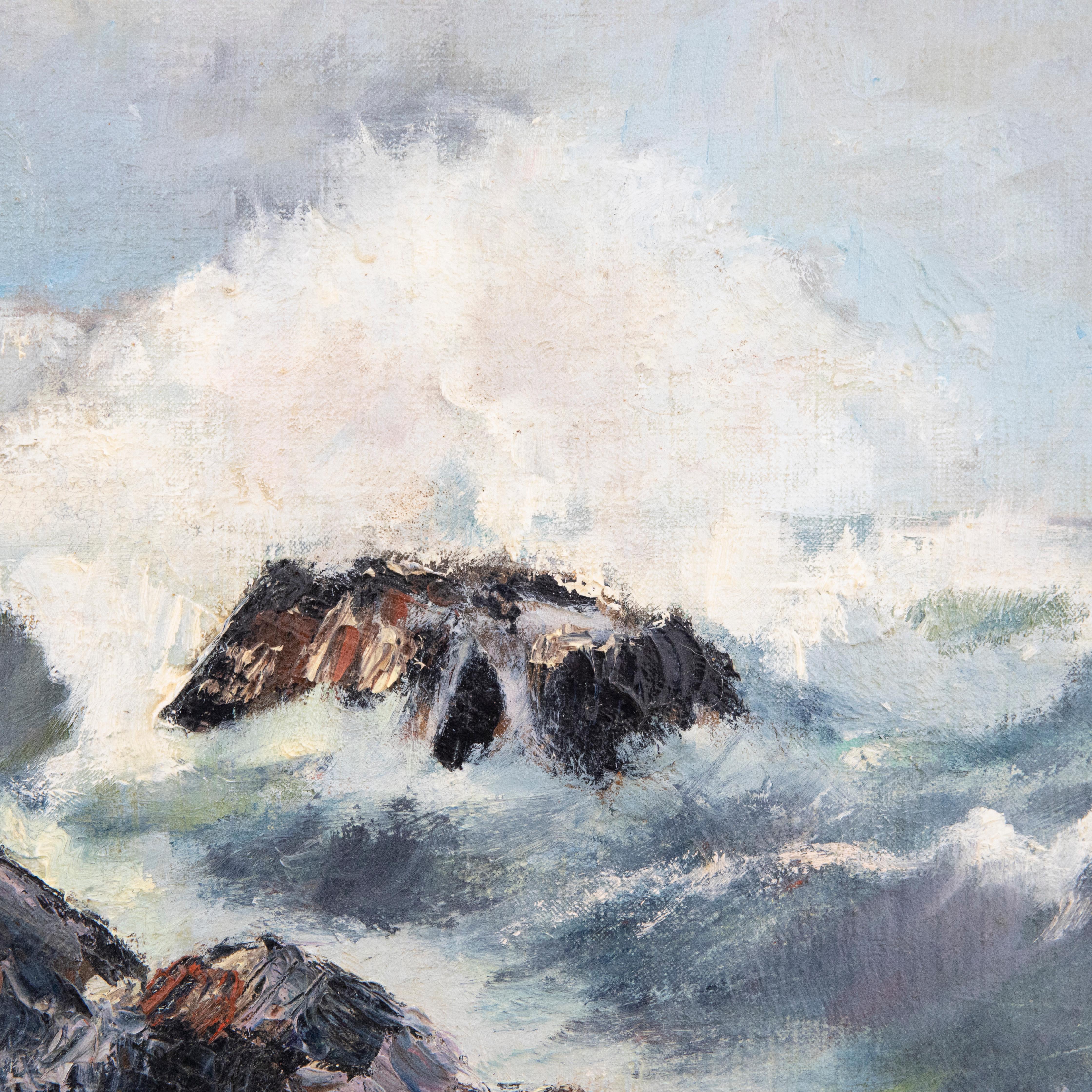An original mid-century oil by British artist Maria Moreschi. The atmospheric scene depicts stormy waves crashing against partially proud coastal rocks. The oil has been signed by the artist to the lower left. Smartly mounted in a large gilt-effect