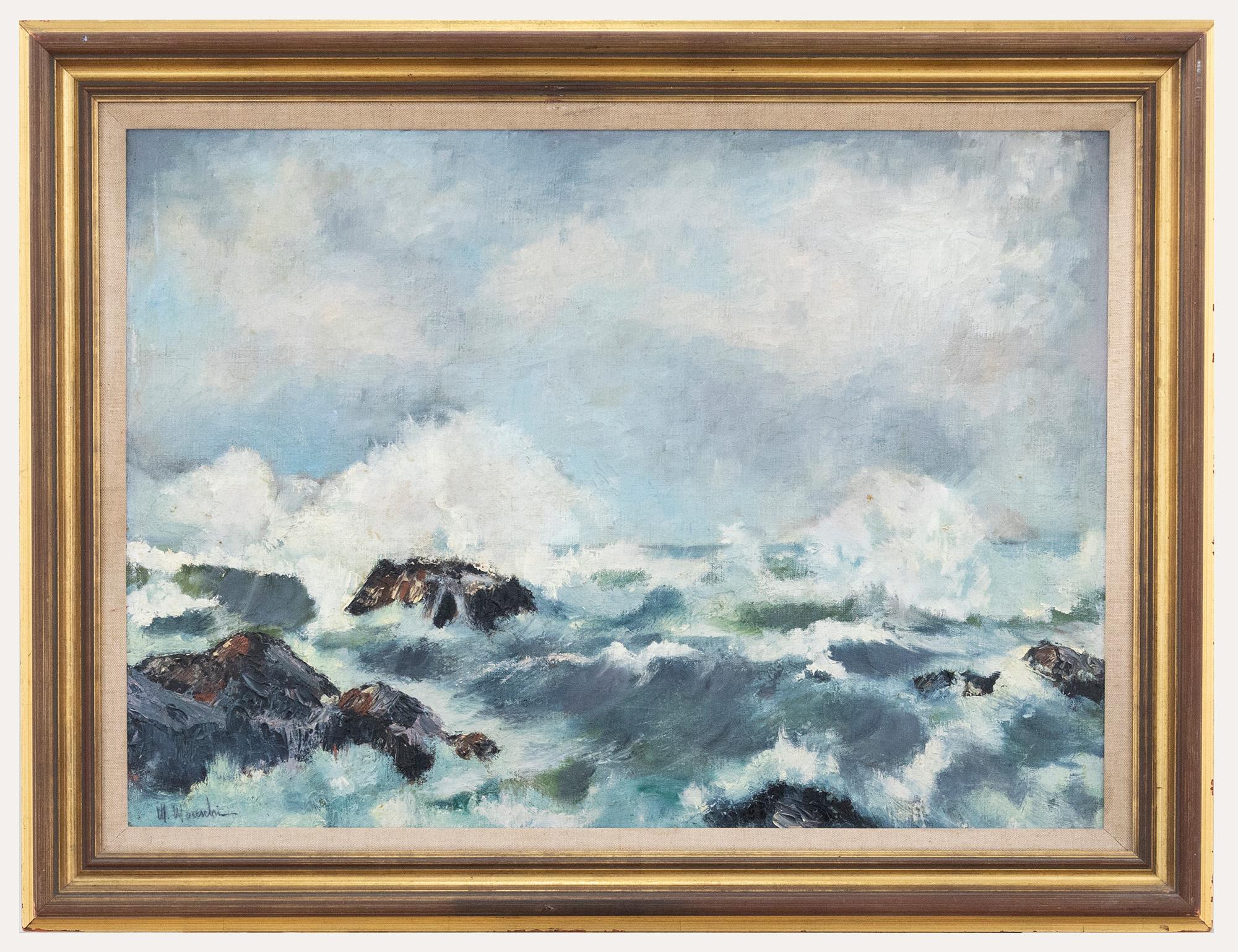 Unknown Figurative Painting - Maria Moreschi - Framed Mid 20th Century Oil, Stormy Seascape