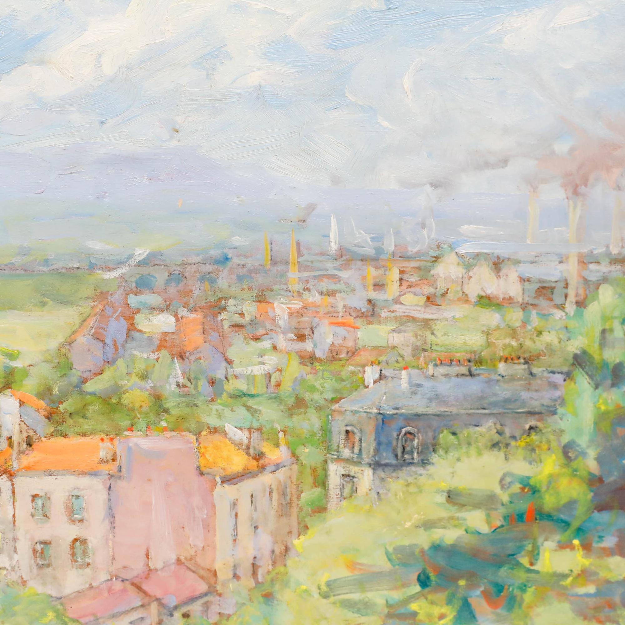Marie Marcel Delamarre de Monchaux (1876-1953). Veduta di Bruges, olio su pannello. Firmato in basso a sinistra. 