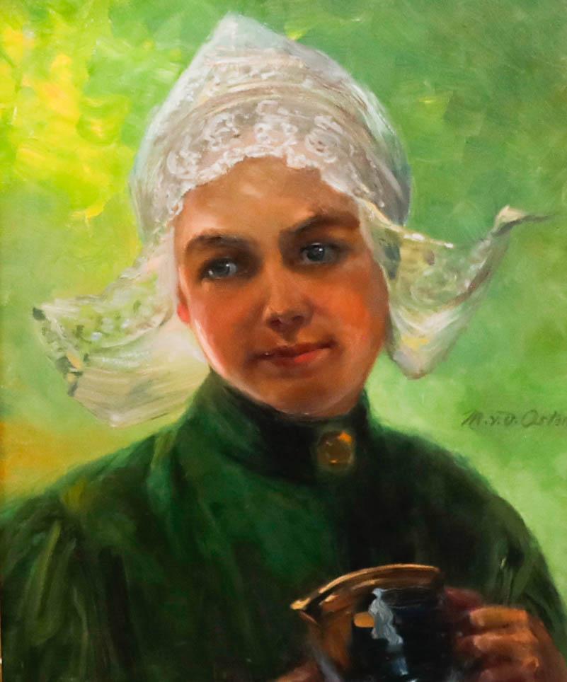 Marie von der Osten (b.1856) - Late 19th Century Oil, Dutch Girl with a Teacup - Painting by Unknown