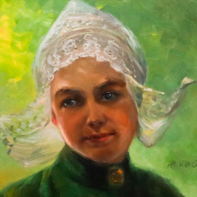 A charismatic portrait depicting a young woman wearing a traditional Dutch lace cap. In her hands, she clasps a teacup close to her chest. The artist captures the girl in a loose style, capturing light with gestural brushwork, which creates a great