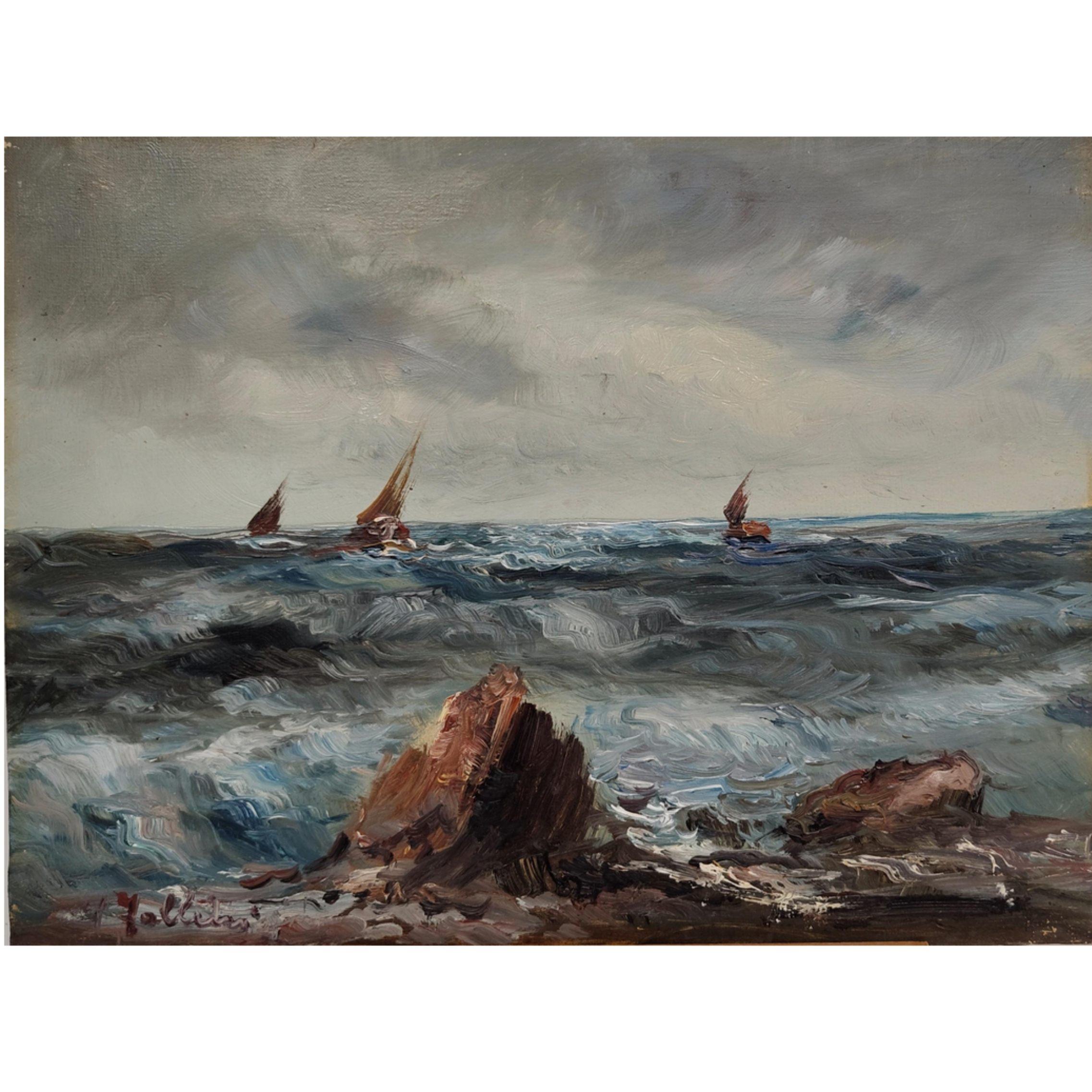 Marine con scogli e imbarcazioni, Olio su tela, 1930 - Painting di Unknown