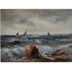 Marine with rocks and boats, Oil on canvas, 1930