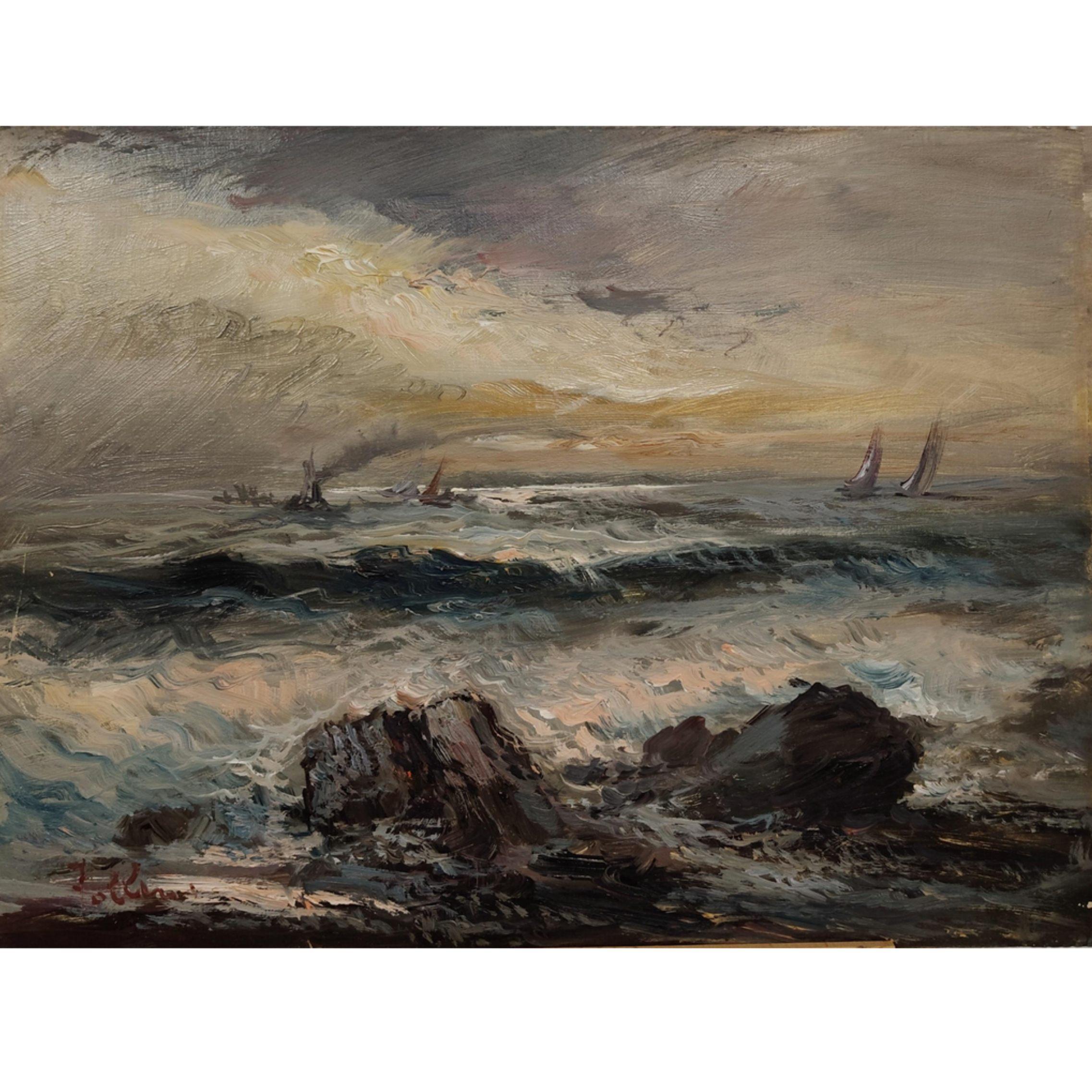 Marine con scogli e imbarcazioni, Olio su tela, 1930 - Painting Altro stile artistico di Unknown