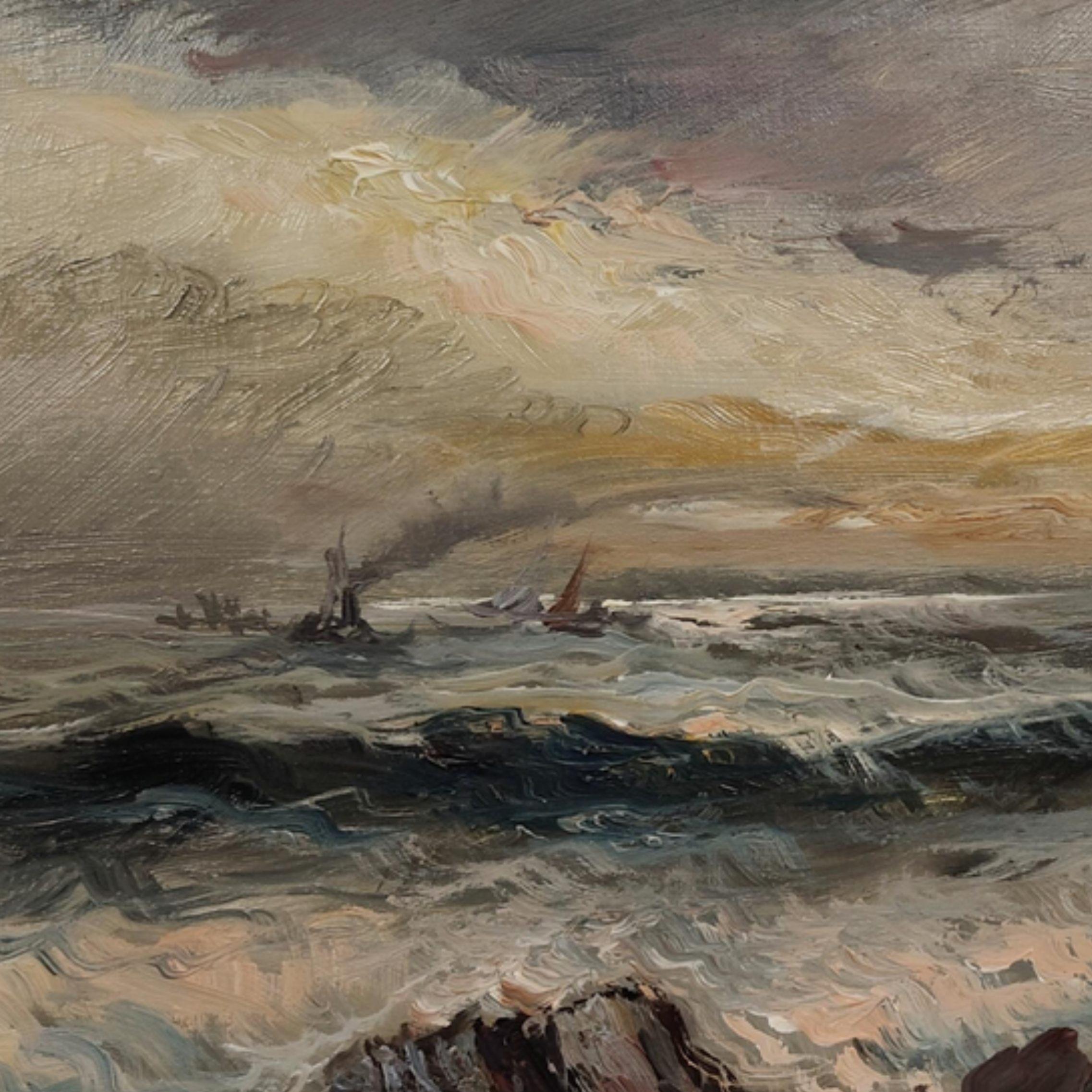Coppia di oli su tela realizzate a firma Follini eseguite attorno al 1930. Le opere raffigurano una veduta marina con scogli in primo piano e imbarcazioni vicino all'orizzonte. Due opere che mostrano un mare in burrasca realizzato grazie a delle