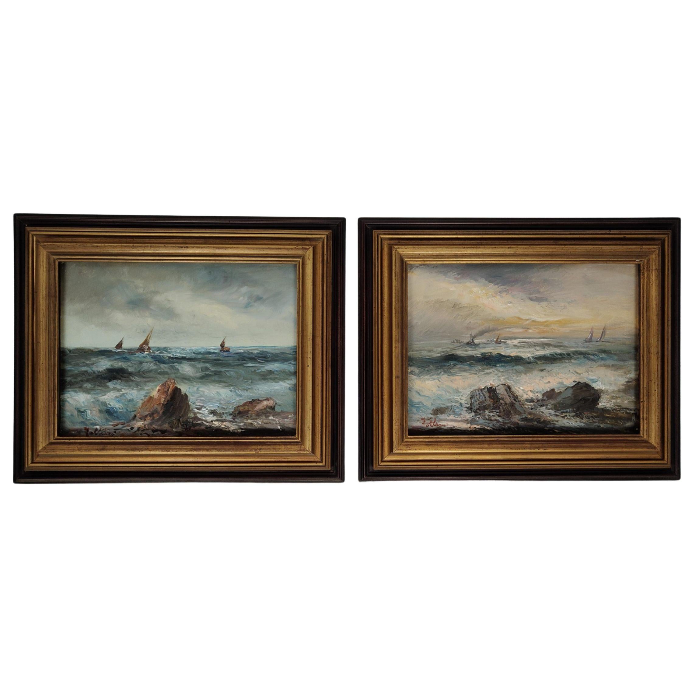 Marine con scogli e imbarcazioni, Olio su tela, 1930 in vendita 1