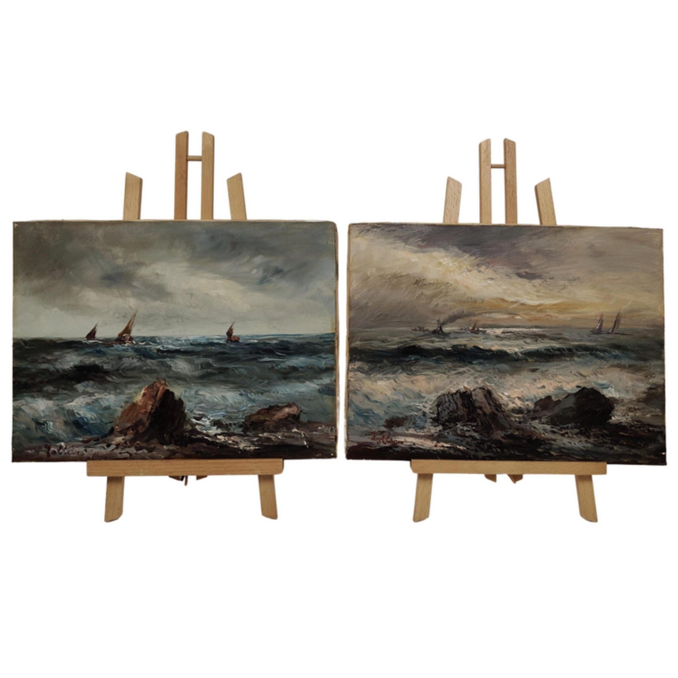 Landscape Painting di Unknown - Marine con scogli e imbarcazioni, Olio su tela, 1930