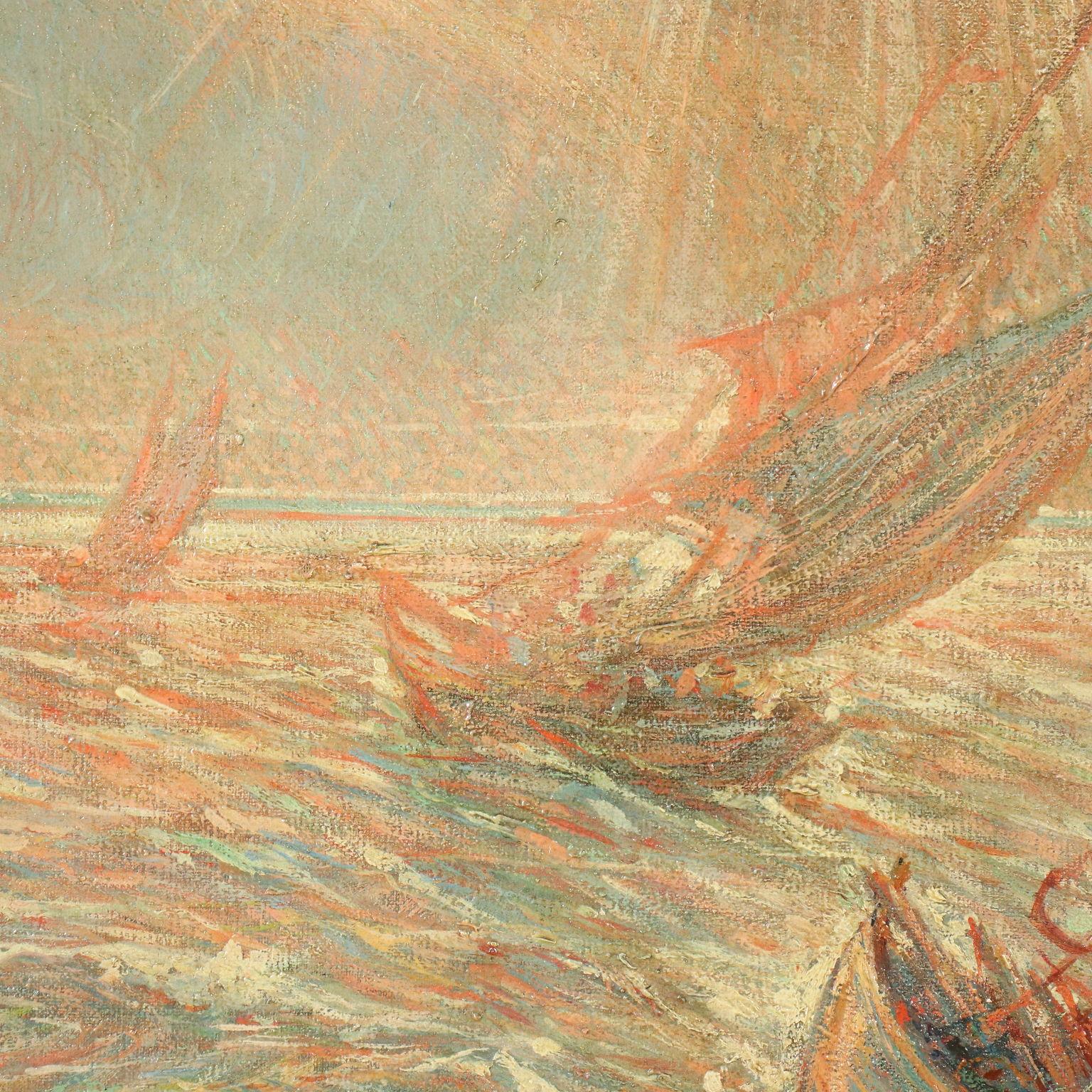Oil on canvas. Unidentified signature and date lower right.
The painting, thanks to its size, has a great scenographic effect: in a rough sea, near the rocks that threateningly emerge from the waves, some fishing boats are fighting for survival;