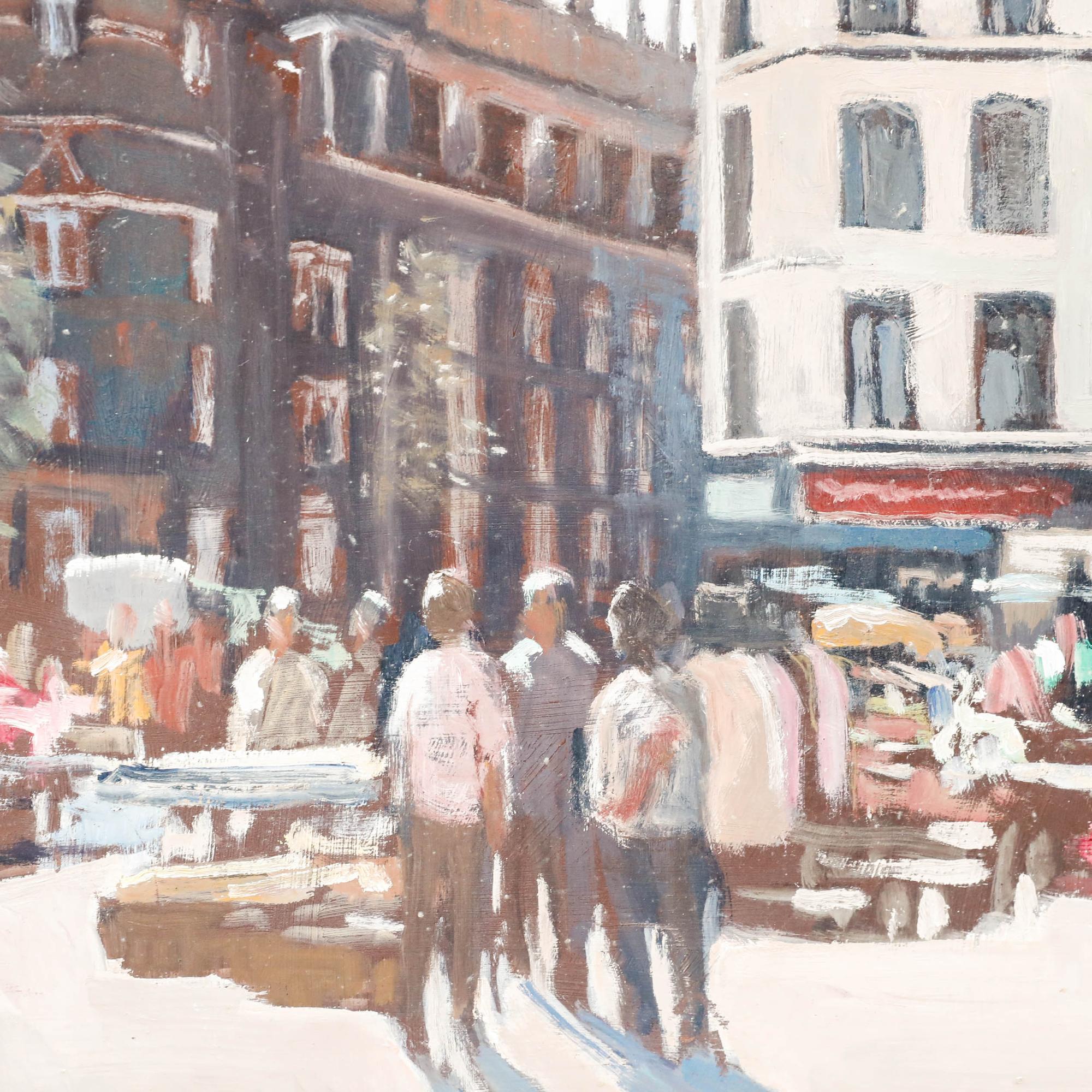 Questa scena urbana vibrante ed energica cattura la vivace energia di una piazza del mercato di Bruxelles, con commercianti e acquirenti riuniti tra bancarelle colorate. Ben presentato in una cornice in stile contemporaneo. Firmato 'Platero' in